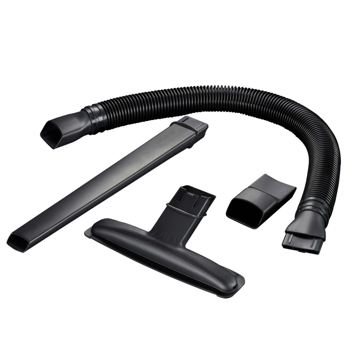 Czarne nasadki do odkurzacza na czarnym tle. Nasadki są przeznaczone do różnych zadań czyszczenia.