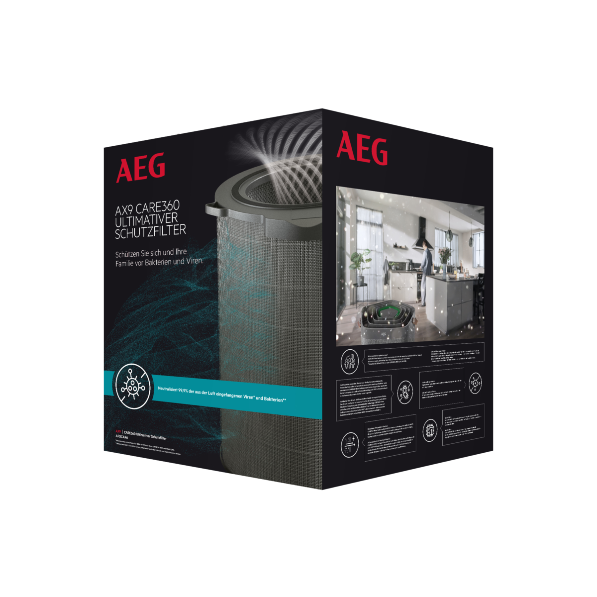 Caja de purificador de aire AEG, con un diagrama que muestra el flujo de aire. La caja muestra el producto y sus características.