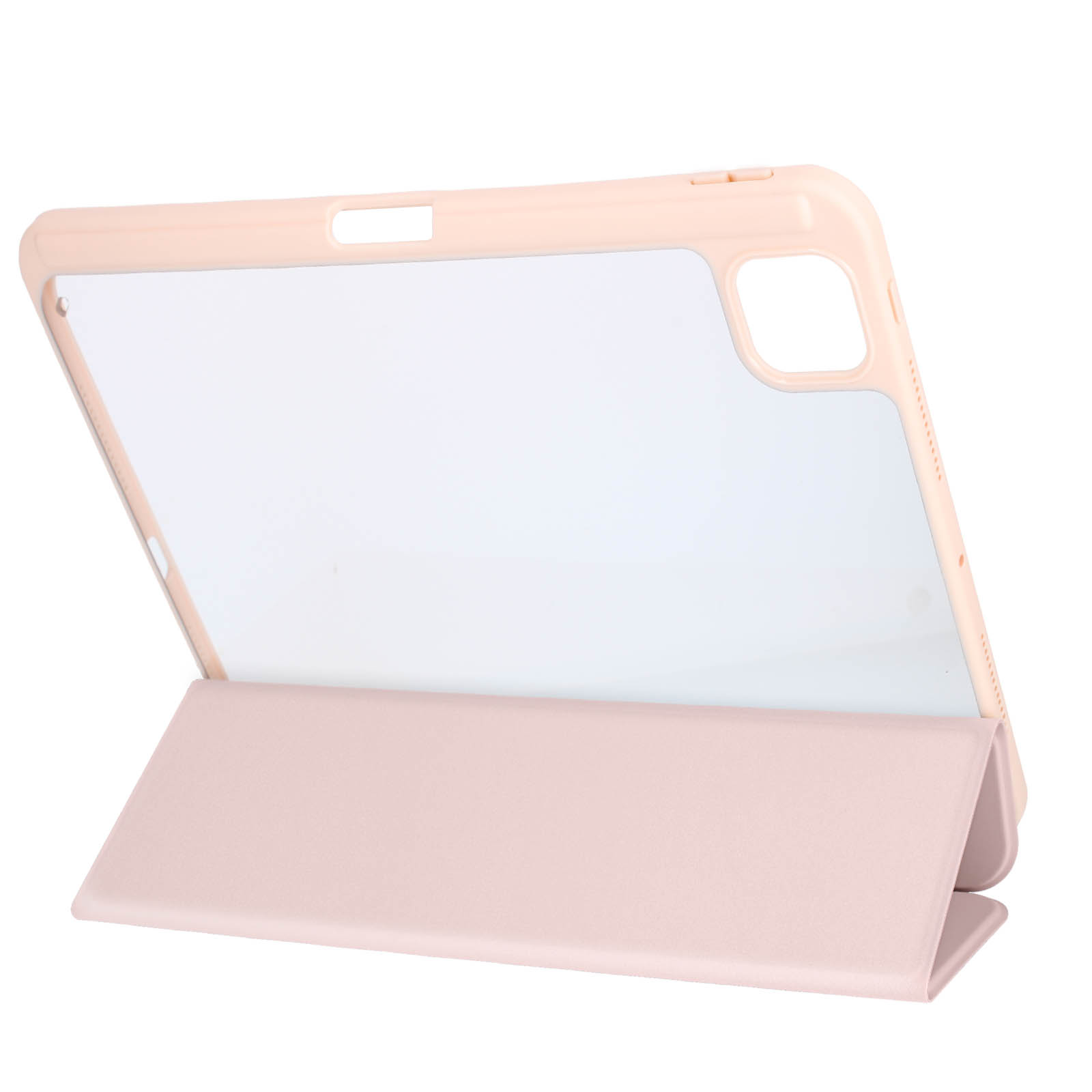 Custodia per tablet rosa con protezione schermo trasparente, base piegata.