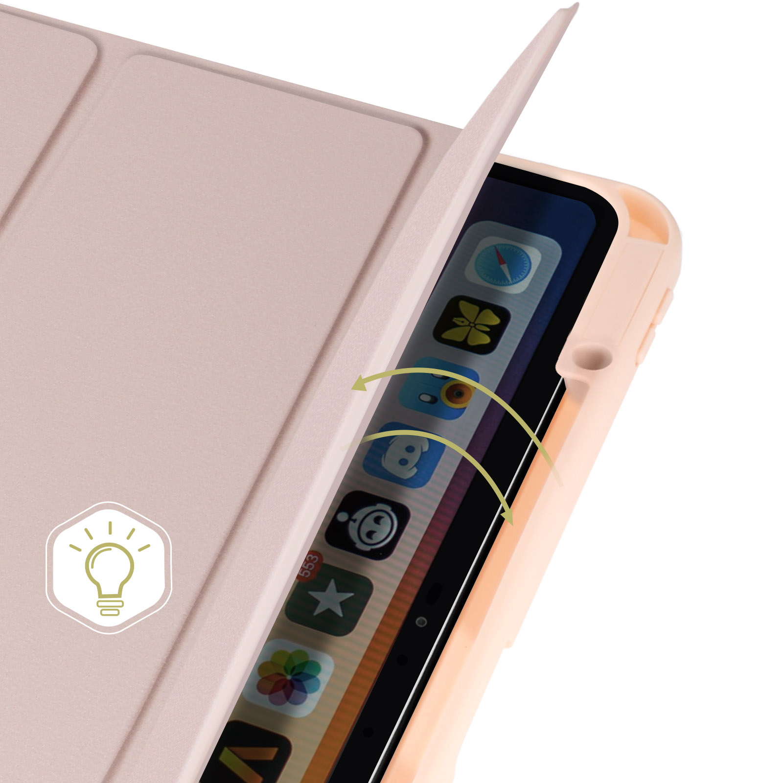 Una custodia per tablet rosa con un'icona a forma di lampadina e uno schermo che mostra app e un orologio.