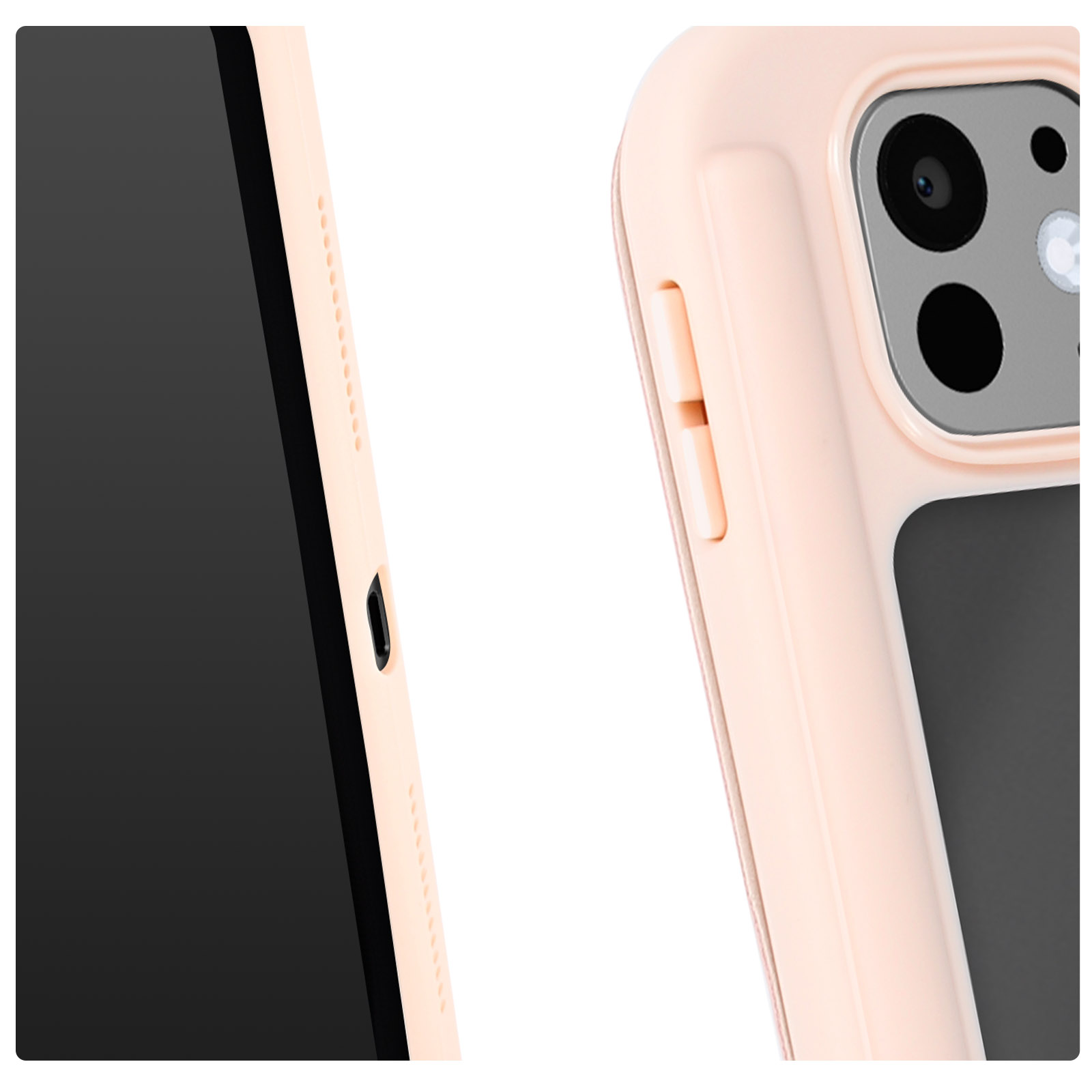 Primo piano di una custodia per telefono. La custodia è color pesca e ha uno schermo nero.