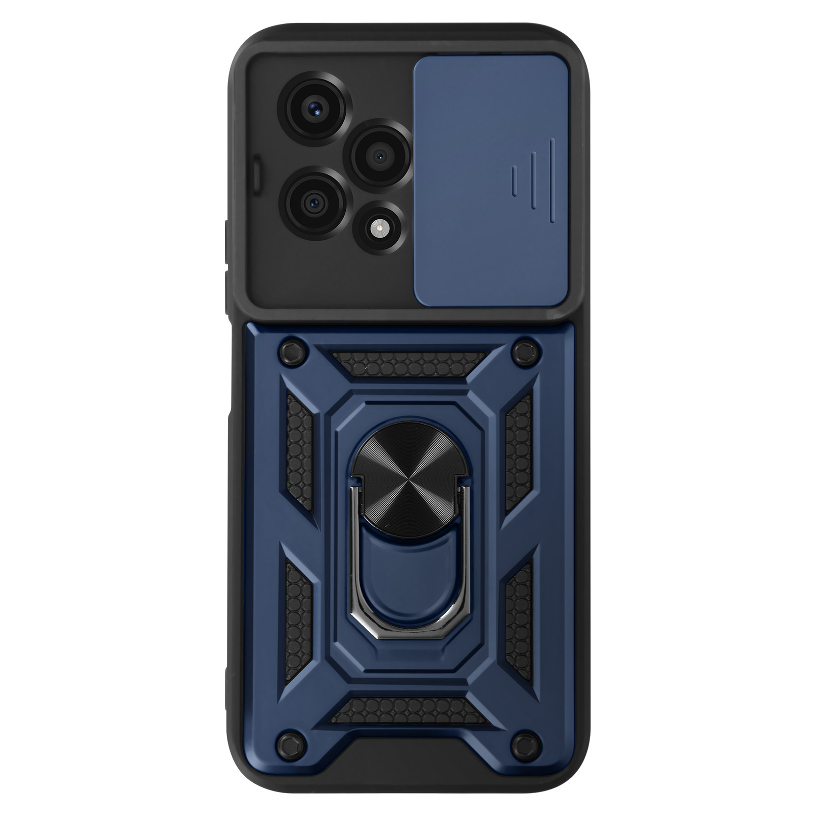 Una custodia per telefono blu scuro con fotocamera e supporto ad anello. È nera e blu con un anello metallico.