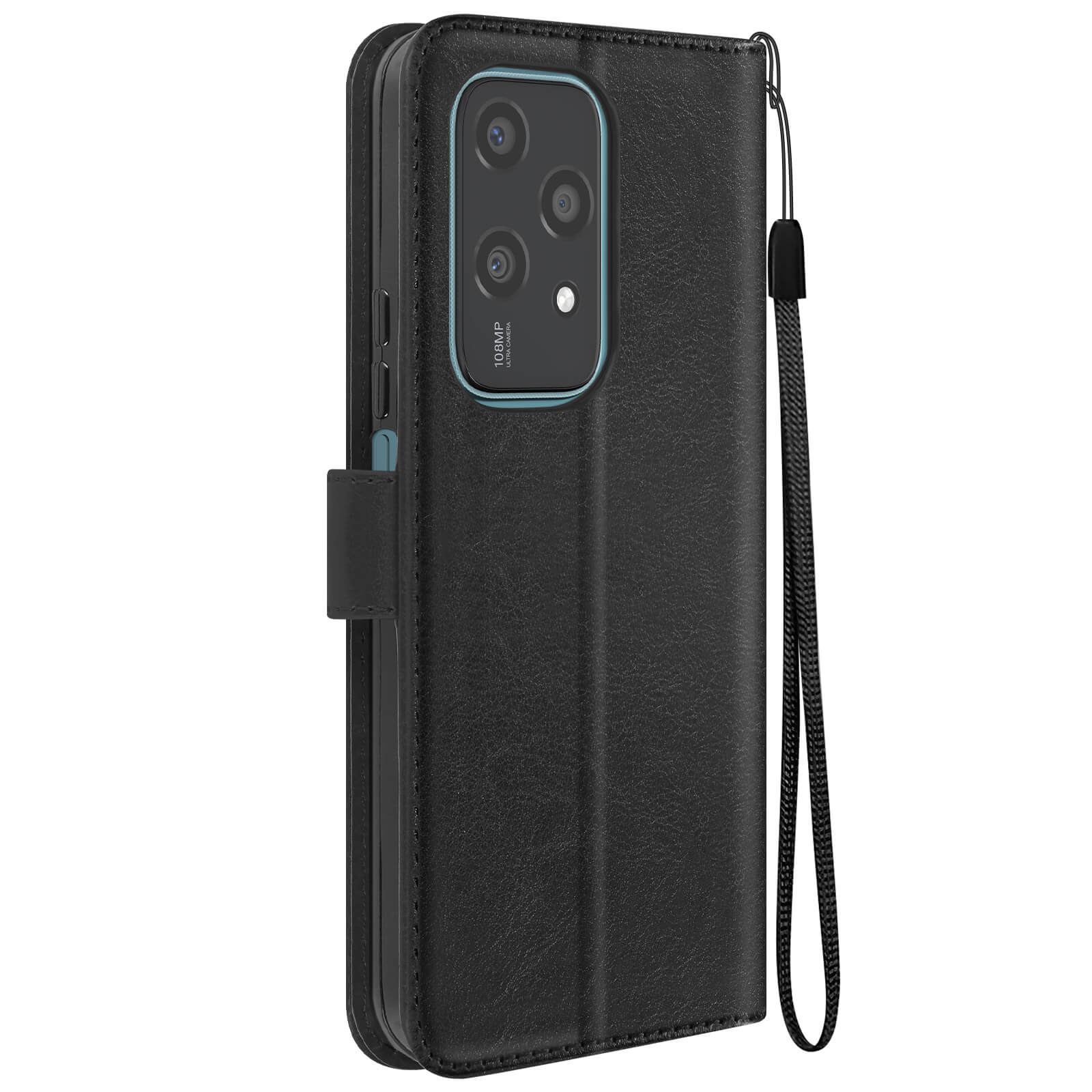 Custodia nera per telefono con design a portafoglio, fotocamera visibile.