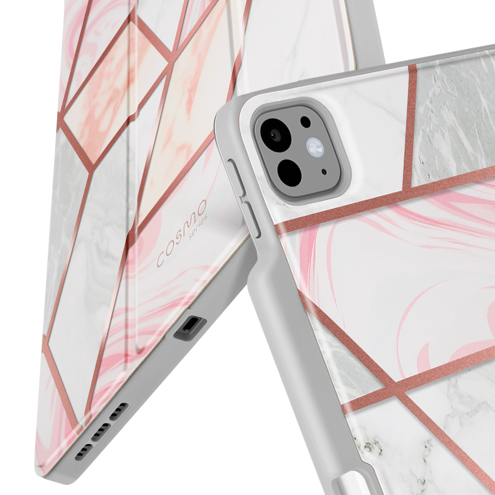 Primo piano di una custodia per telefono con un design marmorizzato, nei colori bianco, rosa e grigio.