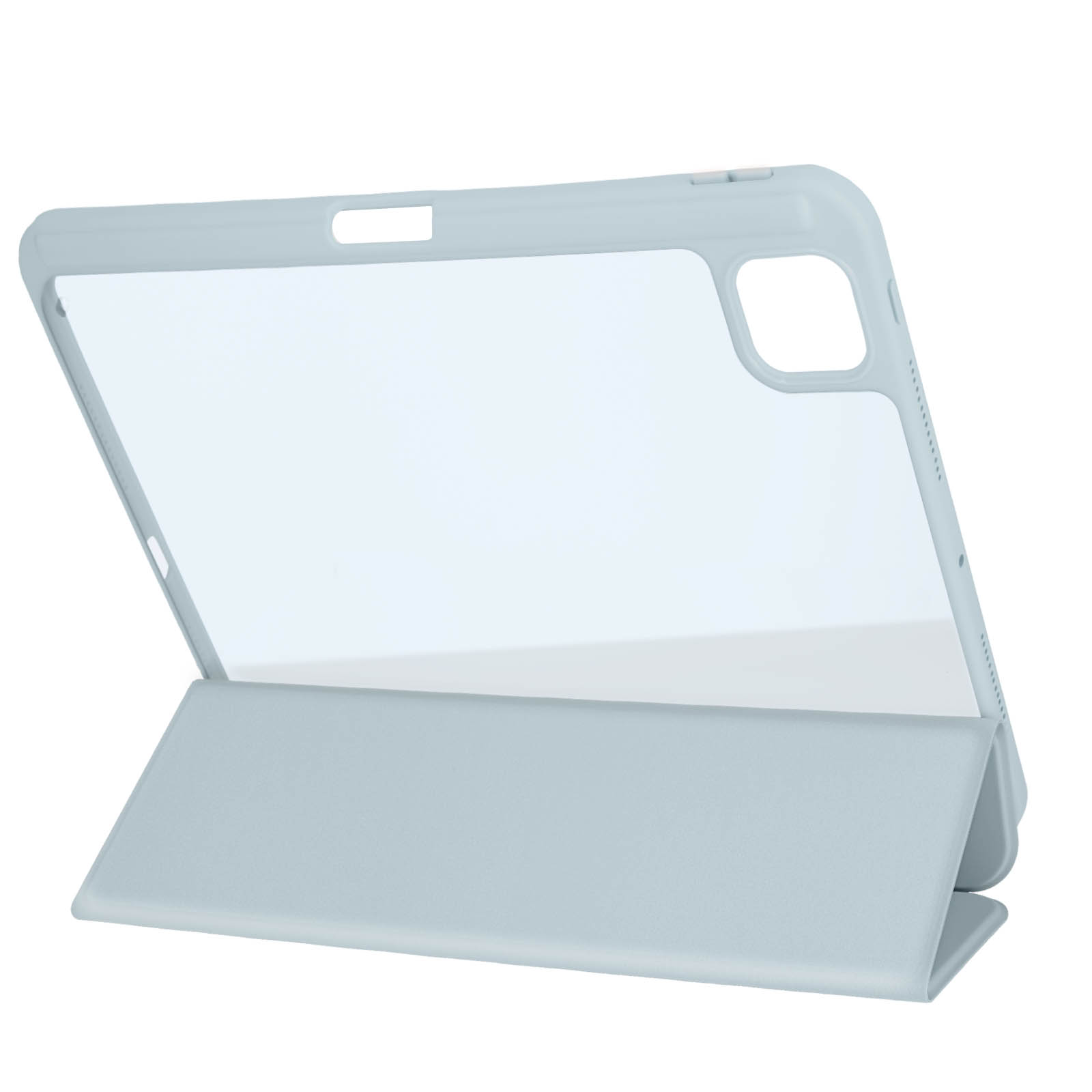 Una custodia per tablet azzurra, con una copertura frontale trasparente e un supporto pieghevole.