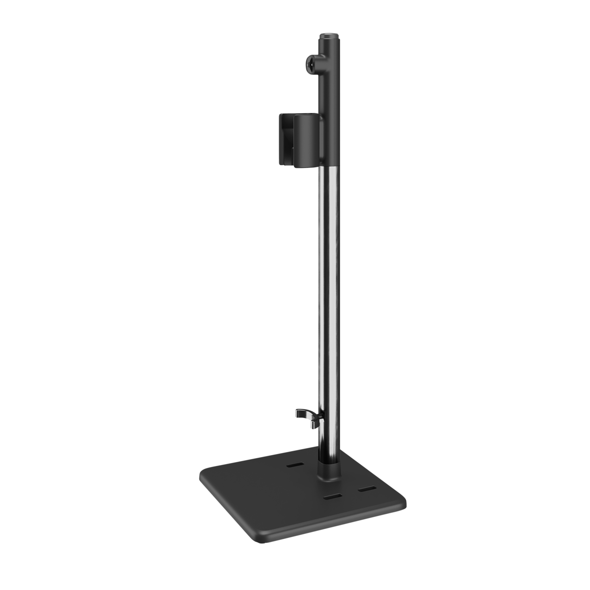 Un soporte negro, con un poste plateado y una base negra, sobre fondo negro.