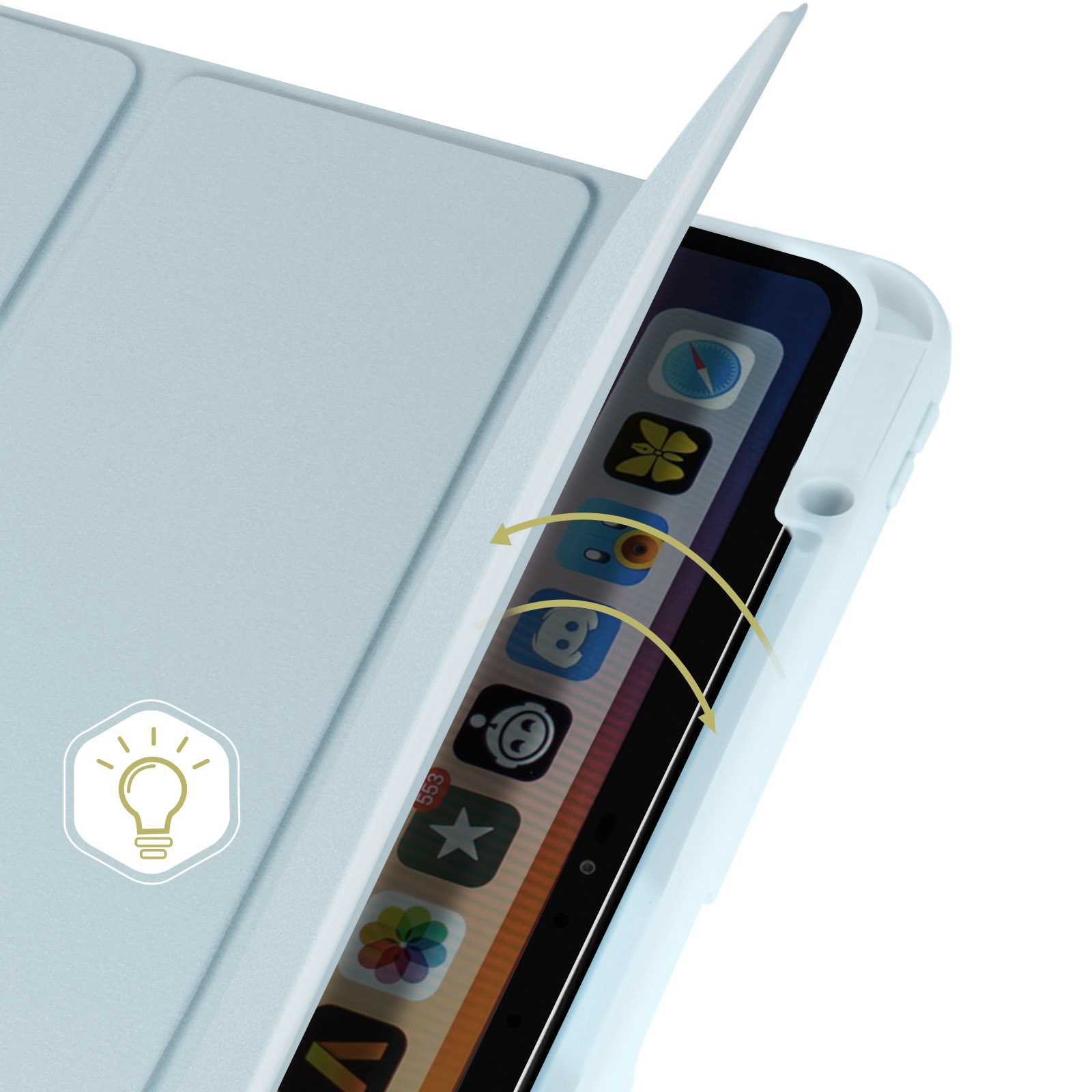 Custodia per tablet che si apre, mostrando lo schermo con le icone delle app. Icona della lampadina in basso a sinistra.