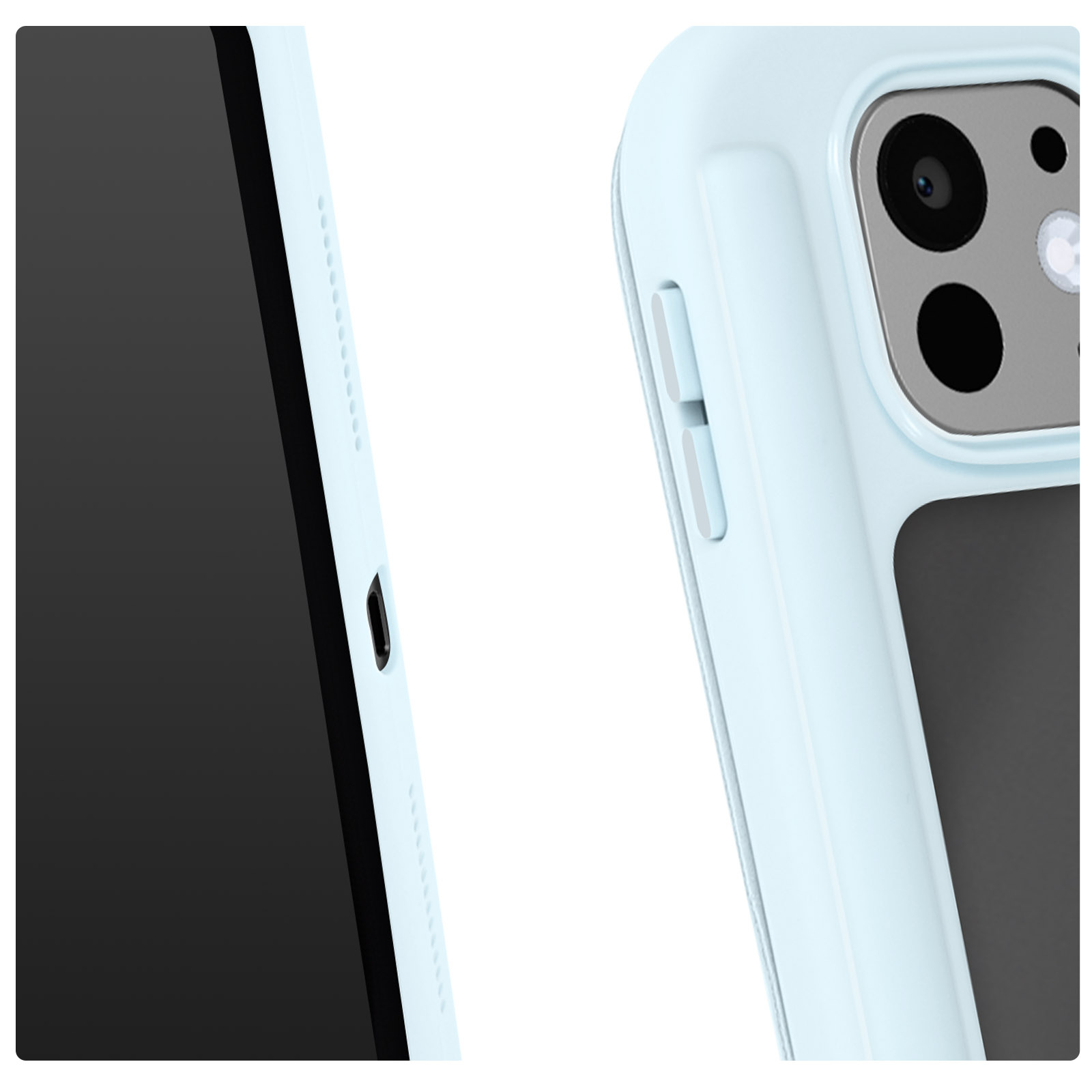 Primo piano di una custodia blu per telefono con schermo nero. La custodia ha dei pulsanti laterali.