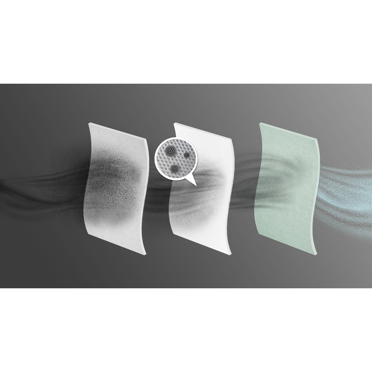 Diagrama de un filtro. Muestra tres capas con partículas atrapadas.