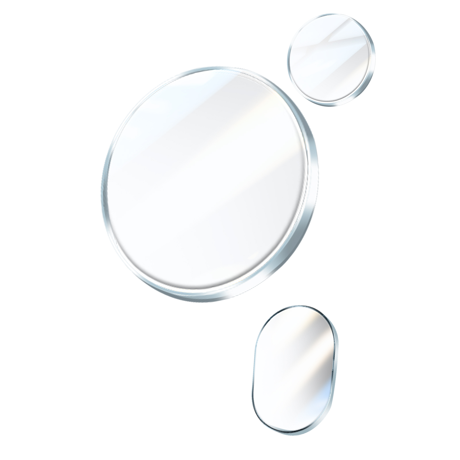 Tre specchi circolari trasparenti, di diverse dimensioni, con superfici riflettenti.