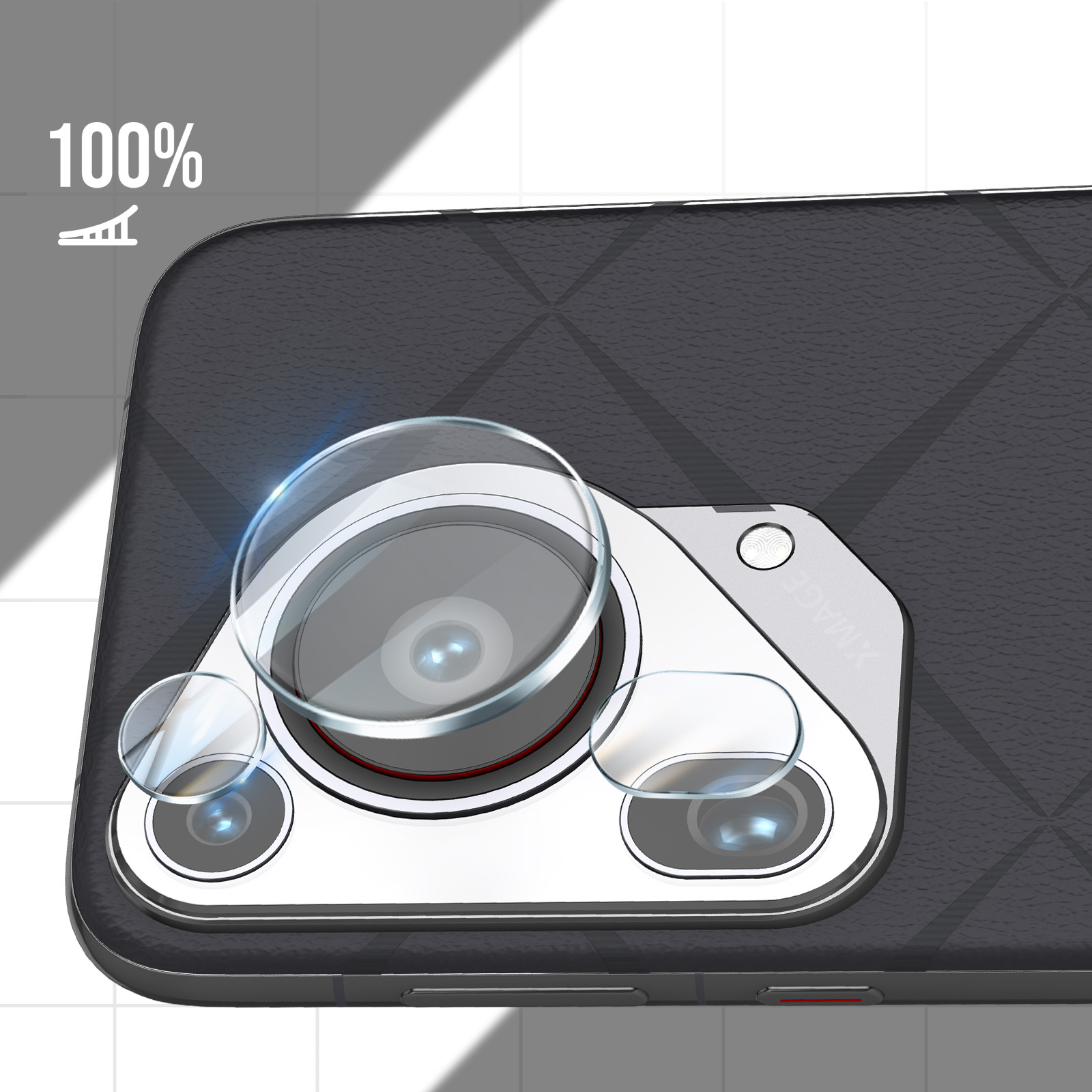 Retro del telefono nero con lenti della fotocamera e percentuale.