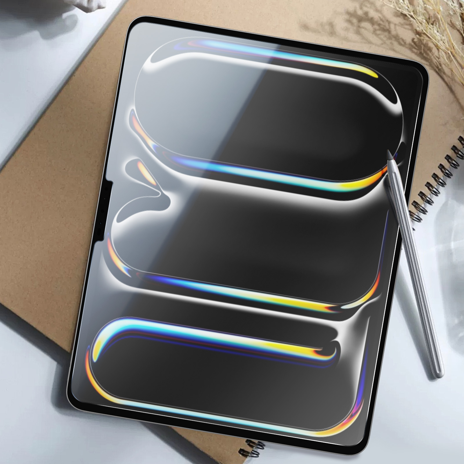 Proteggi schermo per tablet con strati riflettenti, una penna sul lato.