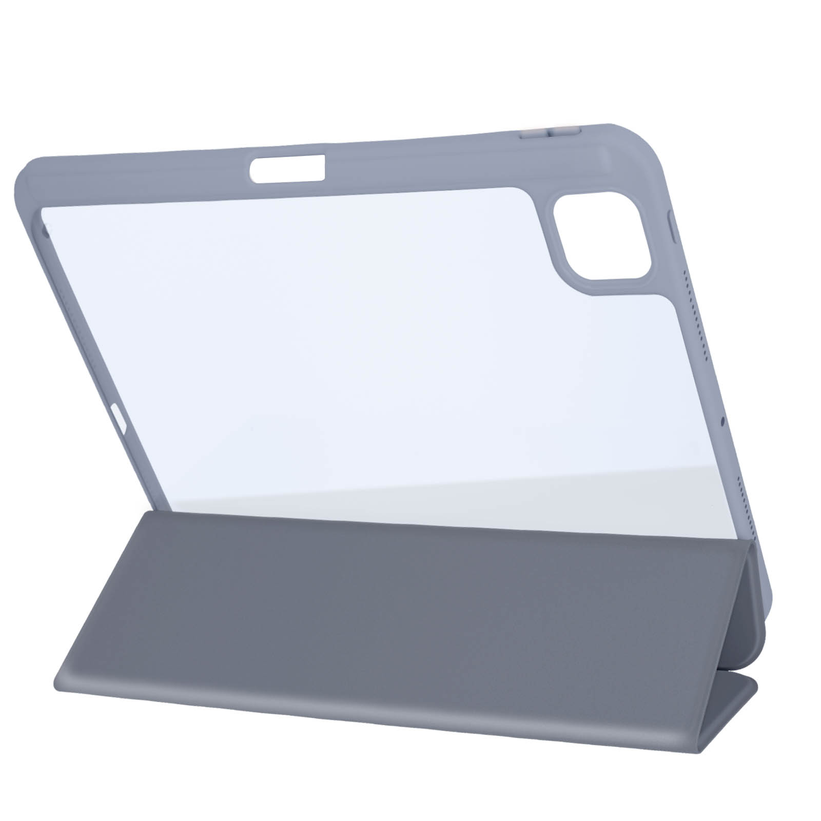 Geöffnete Tablethülle. Graue Hülle mit transparentem Bildschirm.