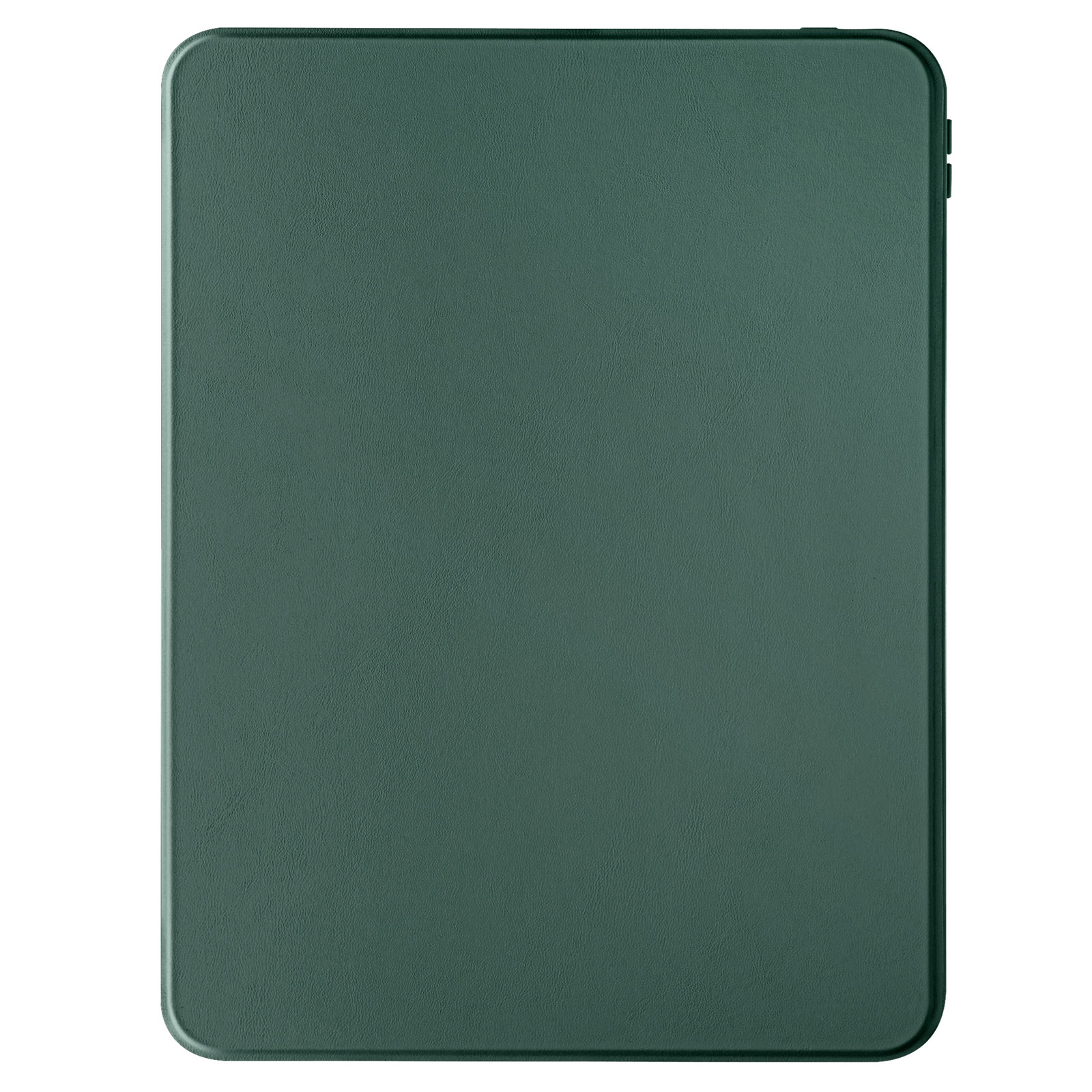 Custodia per tablet verde scuro, chiusa, con una trama liscia, rettangolare, su sfondo bianco.