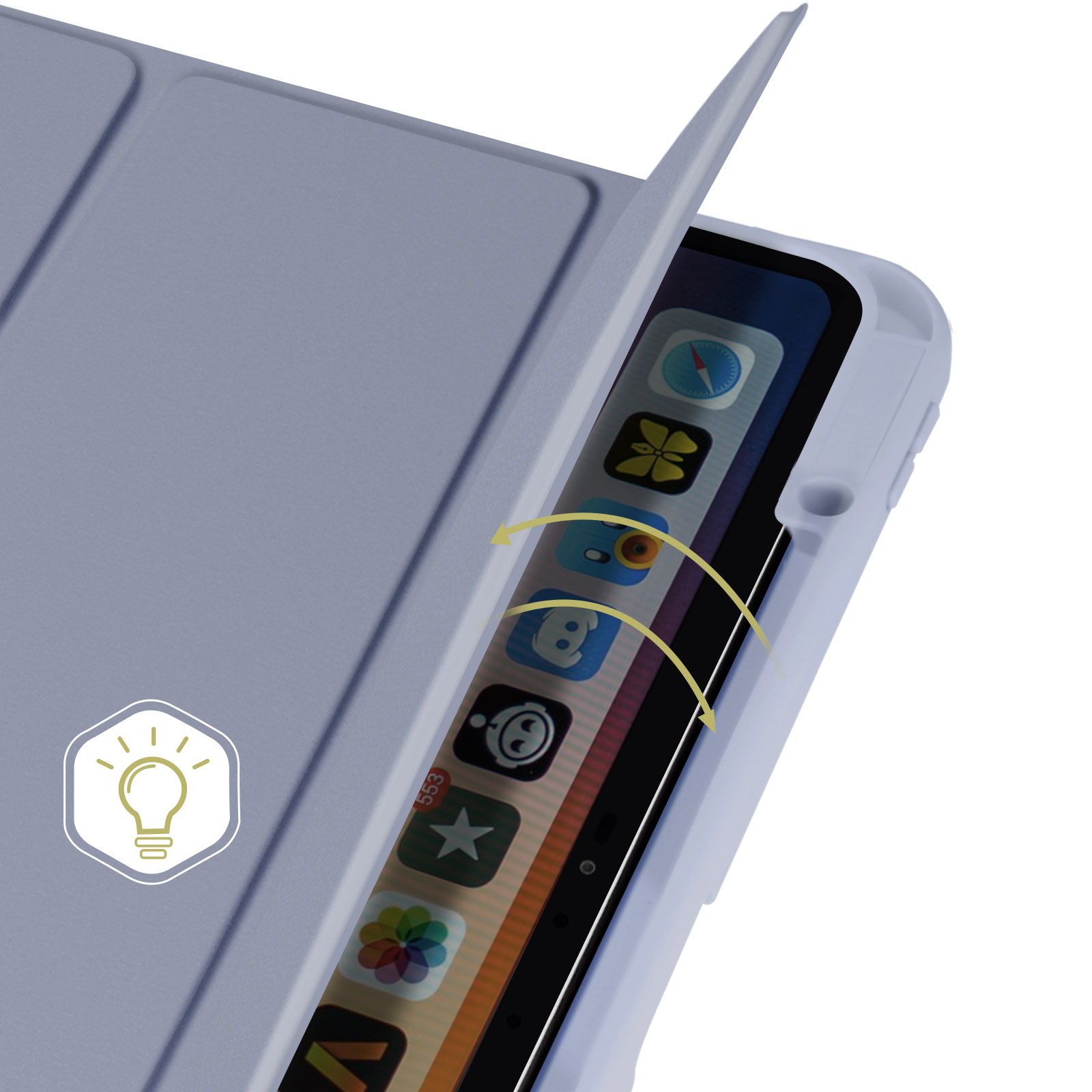Ein iPad-Bildschirm in einer hellblauen Hülle, mit sichtbaren App-Symbolen.