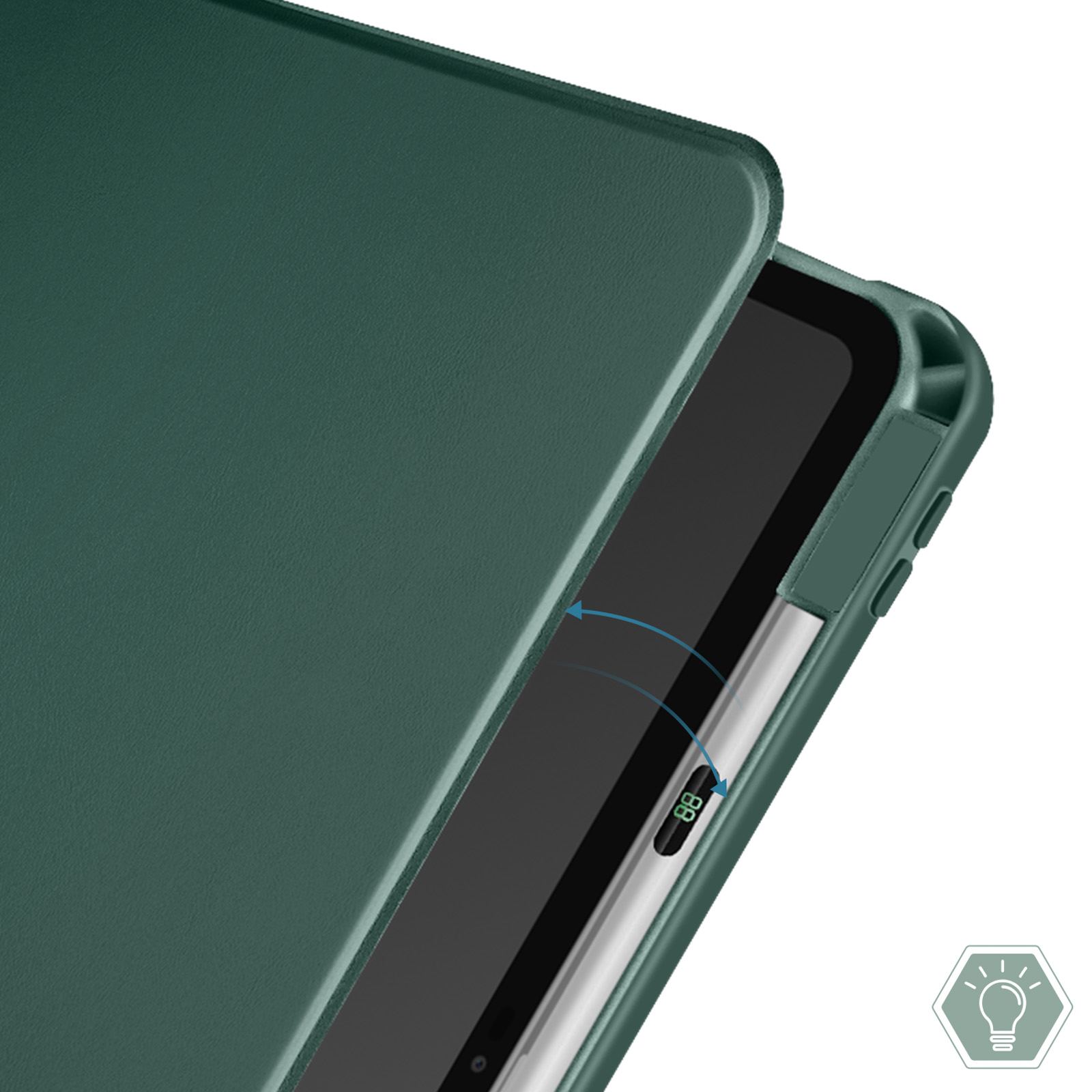 Un iPad con una cover verde parzialmente aperta, che mostra lo schermo e una penna.