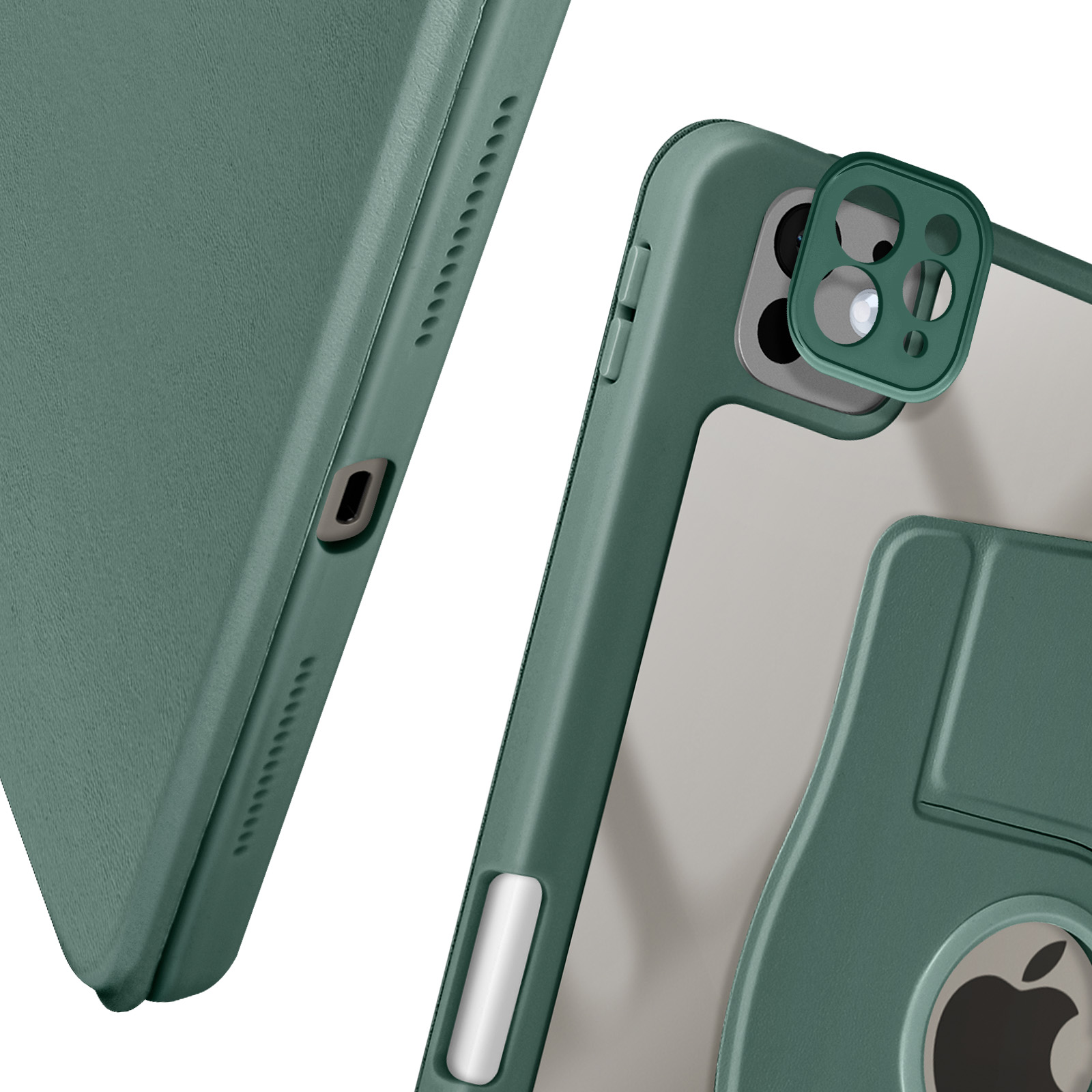 Primo piano di una custodia verde per iPad Pro, che mostra dettagli laterali e logo Apple.