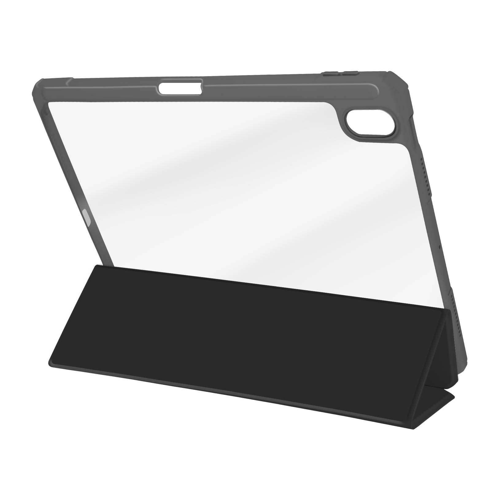 Una custodia nera per tablet con una copertura frontale trasparente viene mostrata in posizione aperta e angolata.