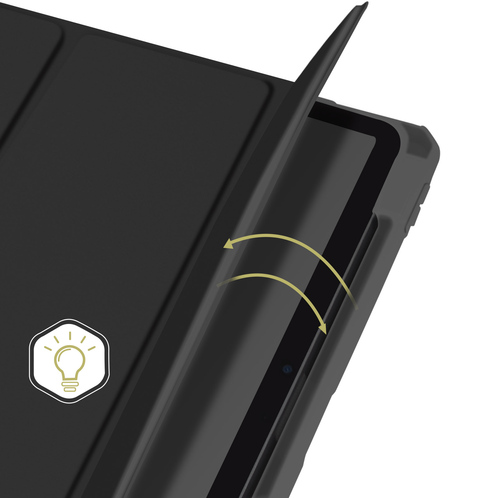 Copertura nera per tablet che si apre con un'icona a lampadina e frecce.