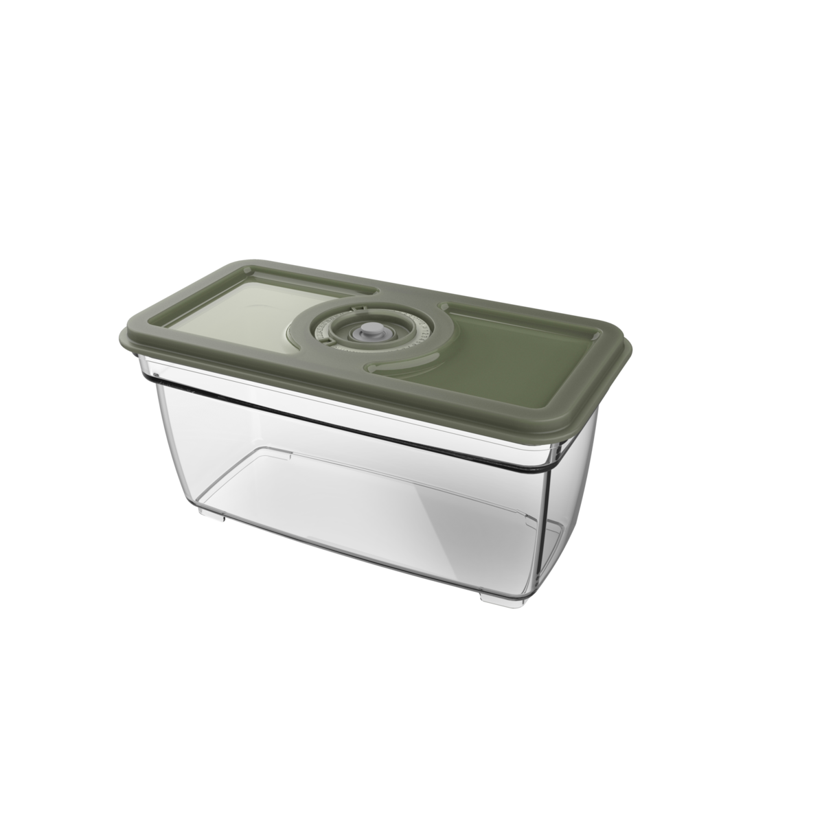 Transparenter rechteckiger Lebensmittelbehälter mit grünem Deckel.