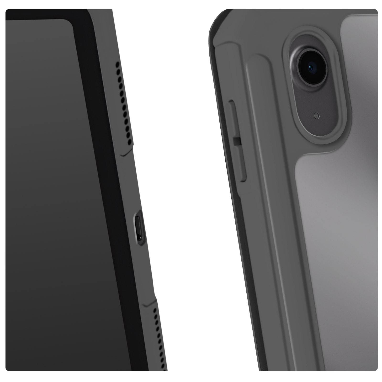Primo piano del bordo del tablet e dettagli della fotocamera, che mostrano porte e pulsanti.
