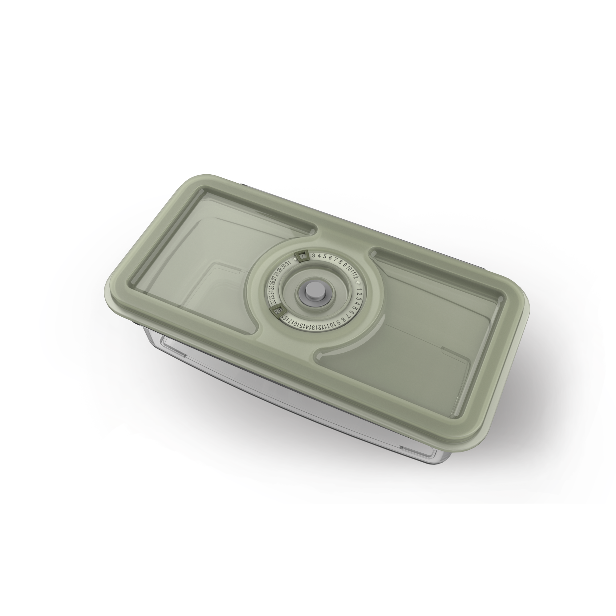 Ein rechteckiger Behälter mit einem Drehregler auf dem Deckel.