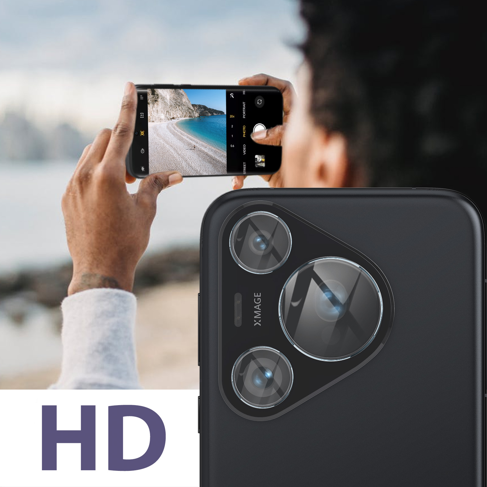Una persona che tiene in mano un telefono scattando una foto. Il telefono ha più fotocamere.