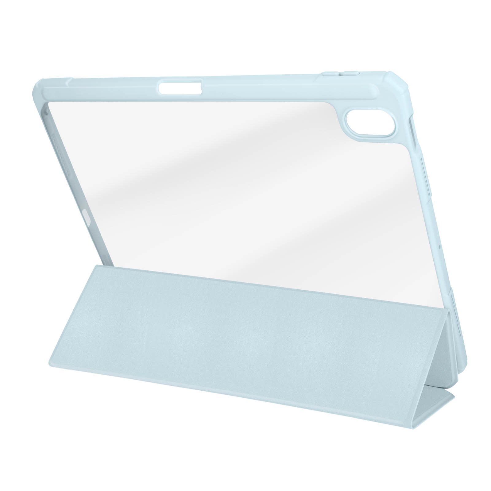 Custodia iPad azzurra con schermo trasparente. La custodia è piegata.