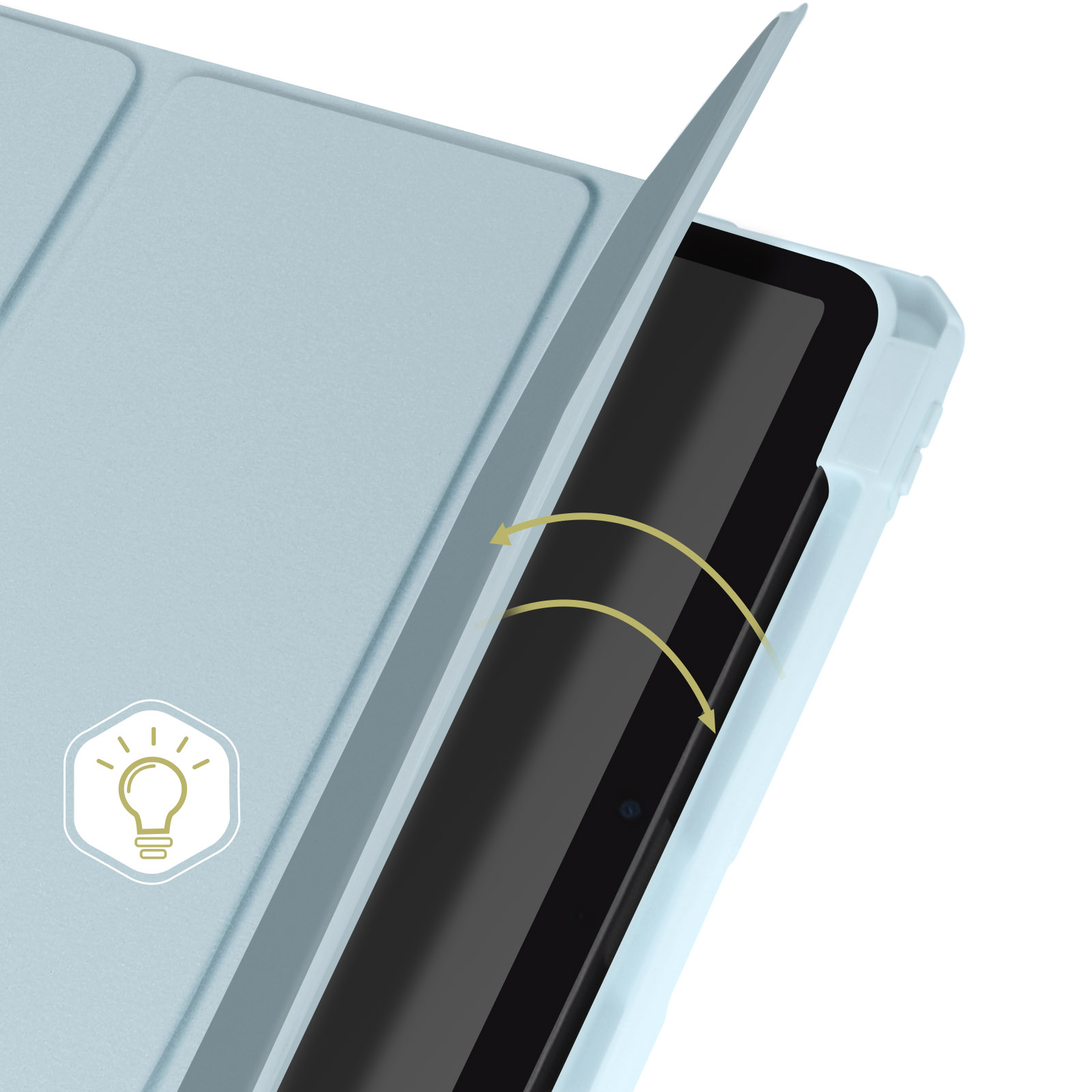 Una custodia per tablet azzurra, parzialmente aperta, con un tablet all'interno. C'è un'icona della lampadina a sinistra.