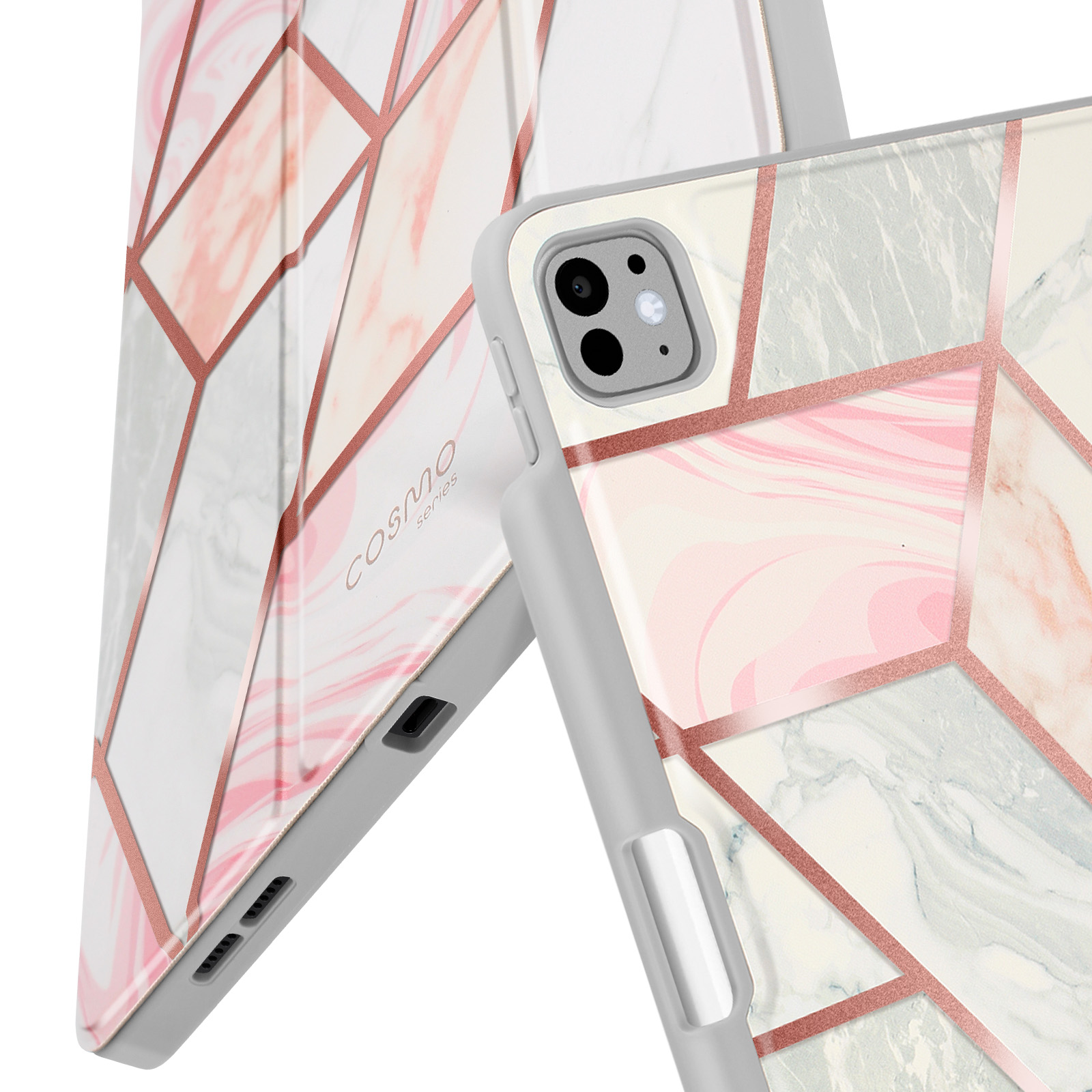 Tablet-Hülle mit Marmor-Design. Nahaufnahme von Kamera und Gehäusedetail. Weißer Hintergrund.