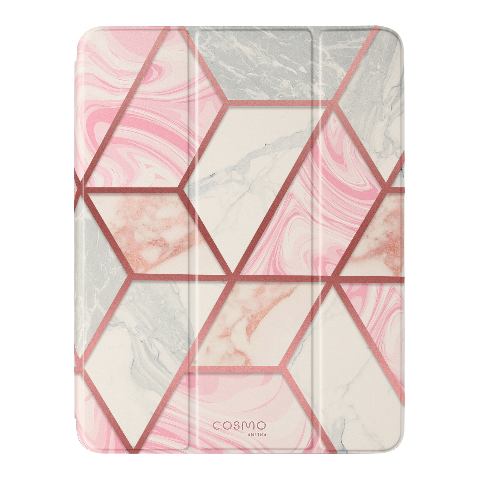 Custodia per iPad con motivo marmorizzato rosa e grigio e bordi oro rosa su sfondo bianco.