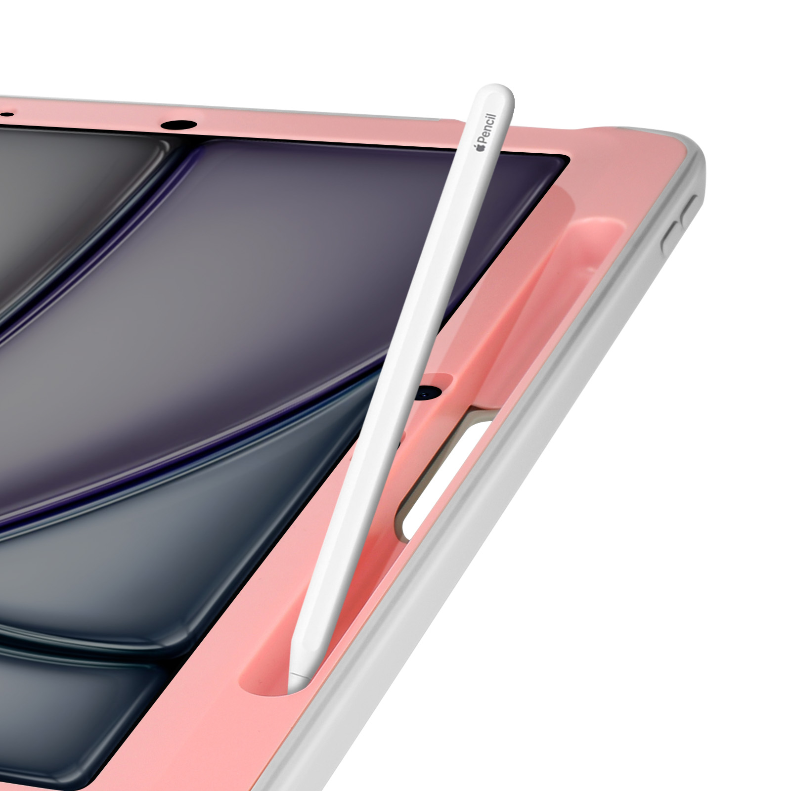 Custodia iPad rosa con Apple Pencil bianco.