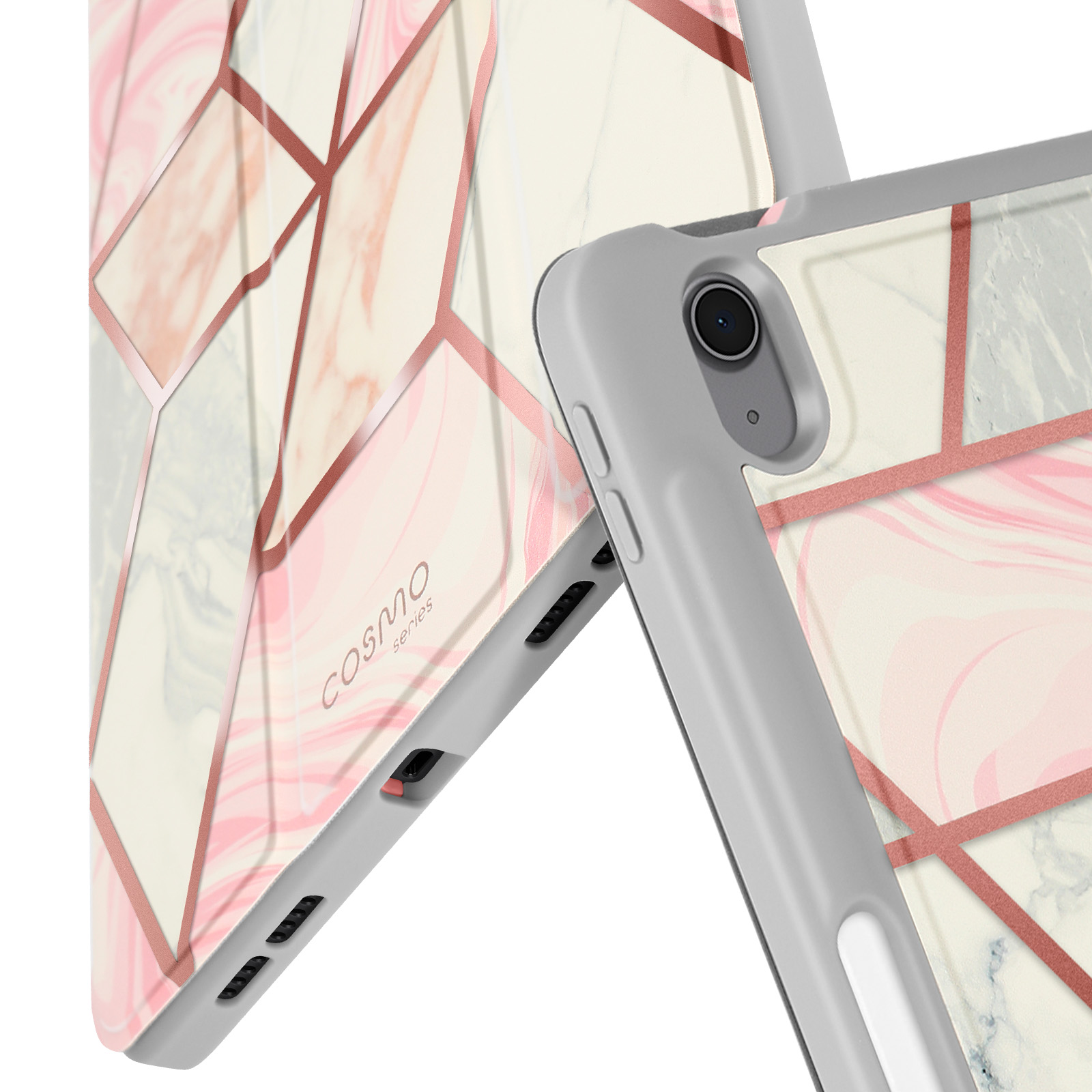 Primo piano di una custodia per tablet con motivo marmorizzato rosa. La custodia è grigio chiaro.
