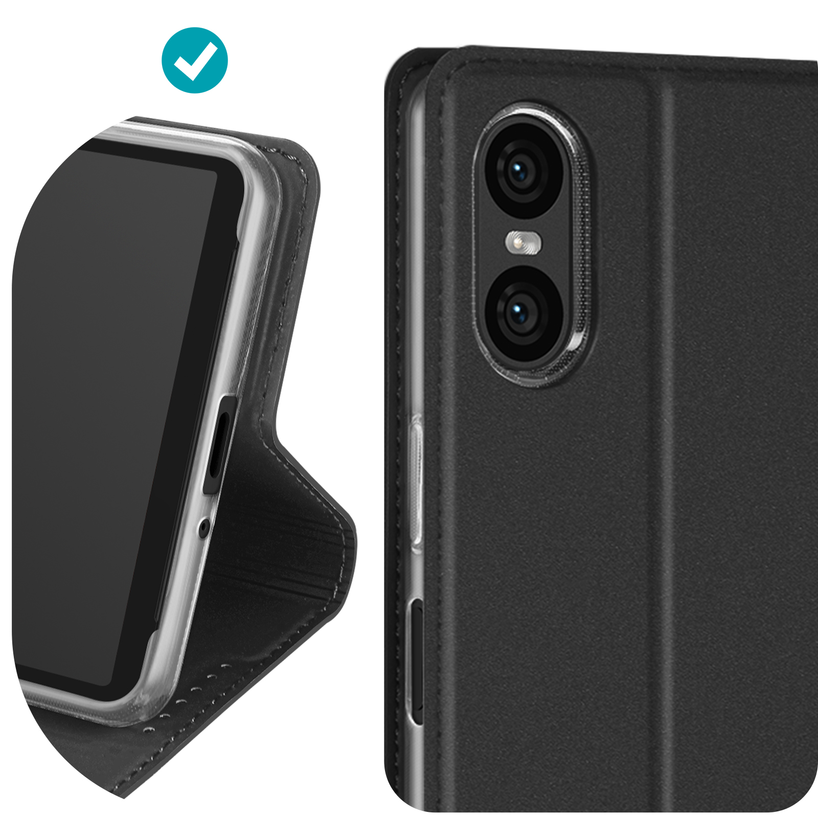 Étui de téléphone avec un téléphone à l'intérieur, montrant l'écran.
