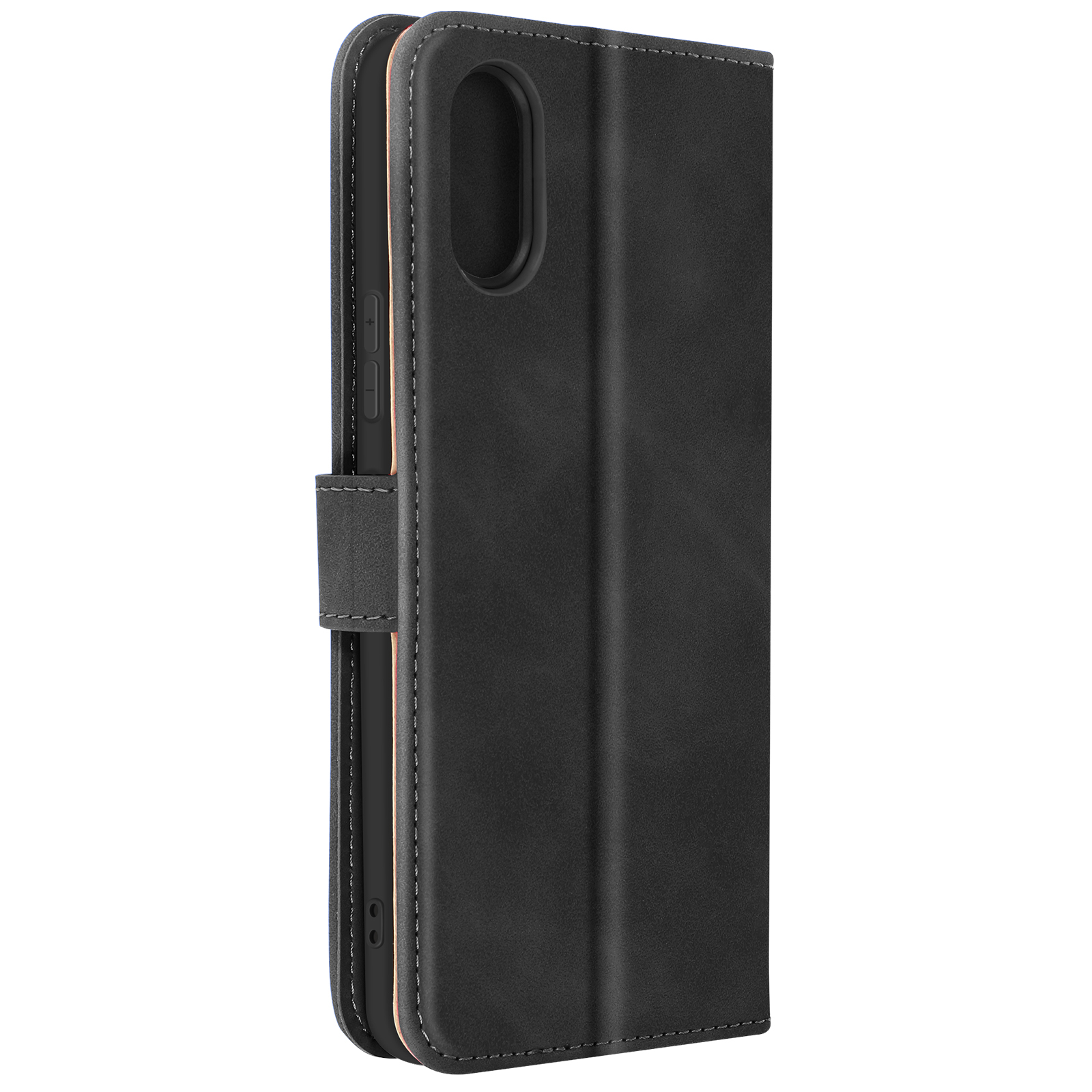 Una custodia nera per telefono con chiusura magnetica. All'interno ha una fodera colorata chiara. Le cuciture sono bianche.
