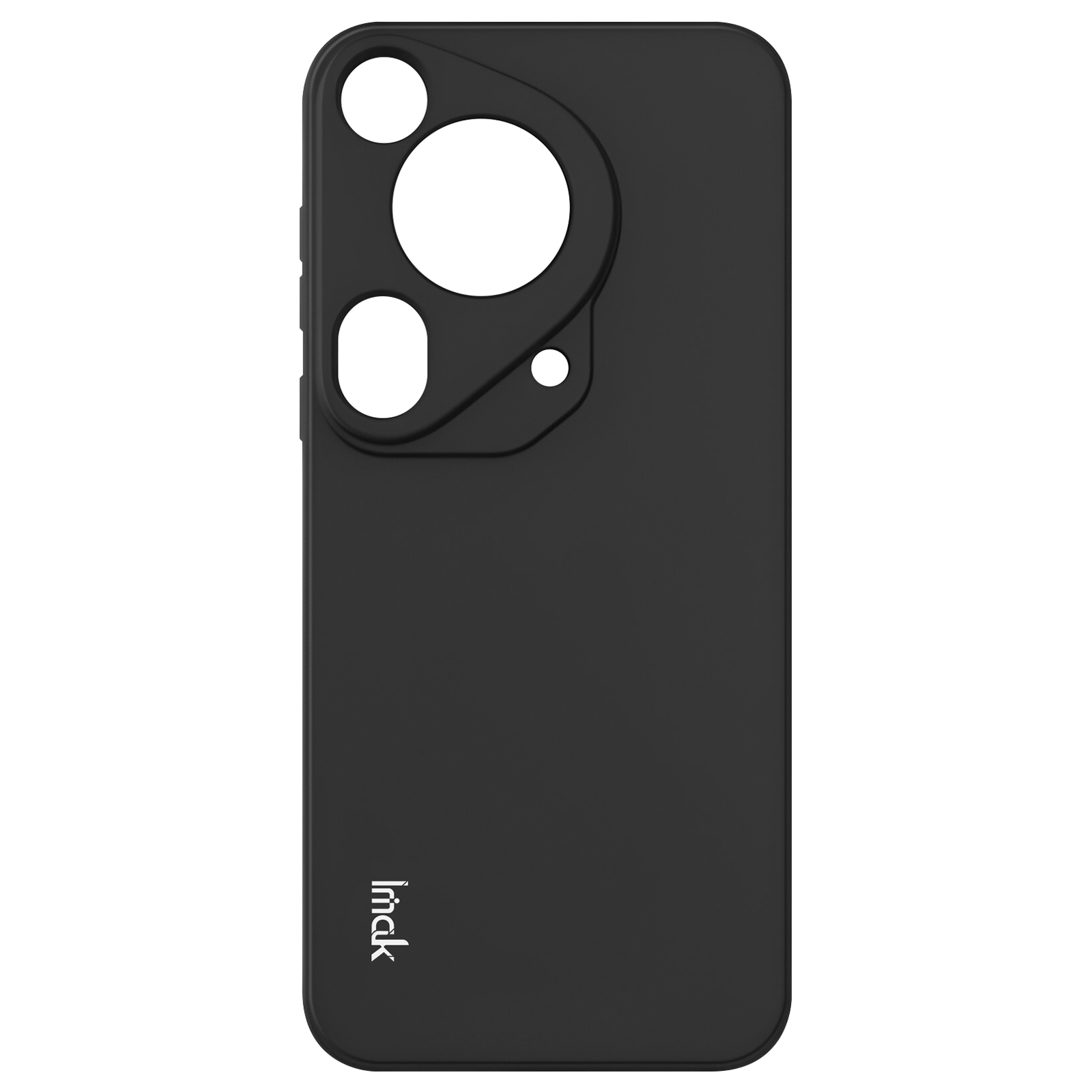 Custodia per telefono nera. Ha ritagli per la fotocamera. Sfondo bianco.
