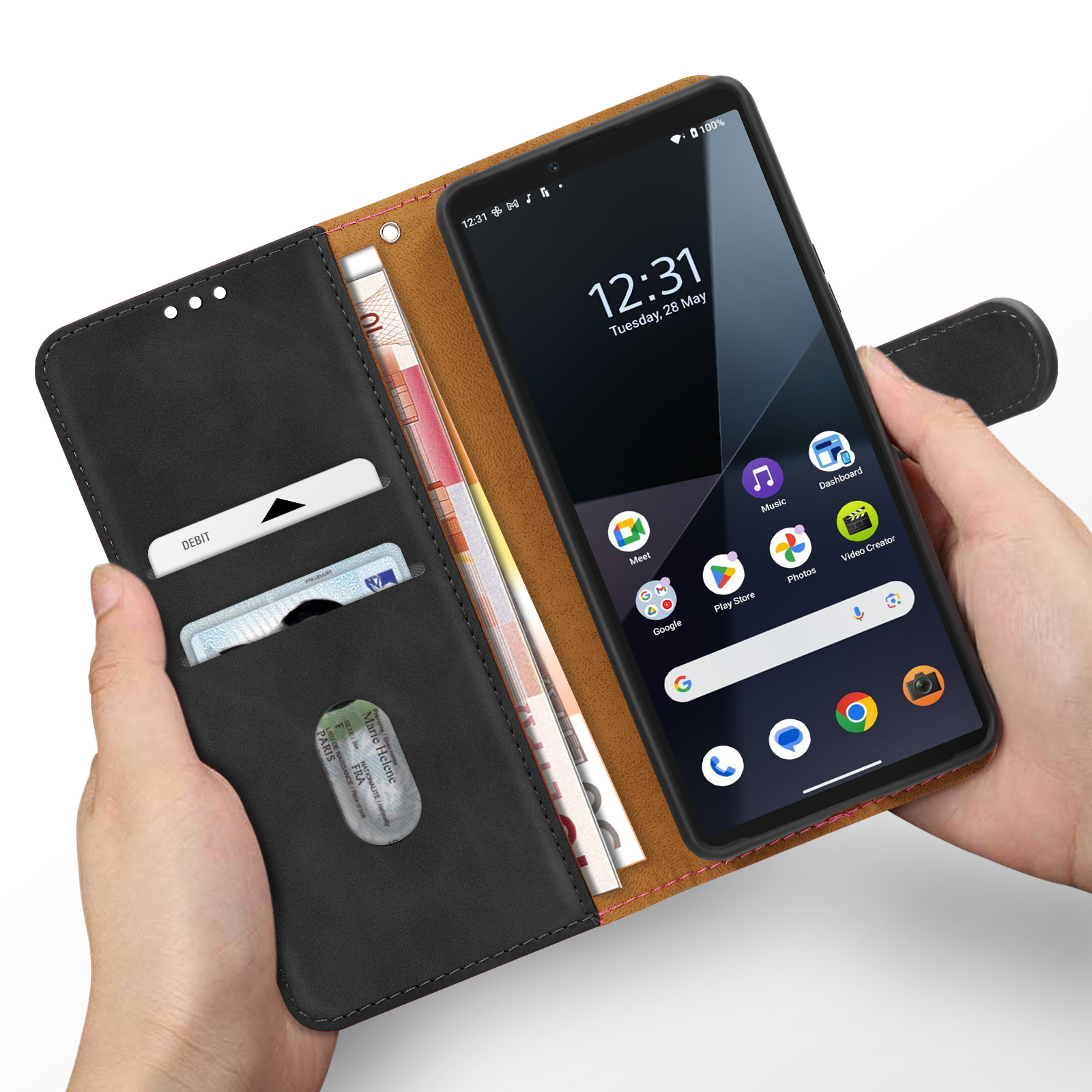 Un telefono in una custodia a portafoglio nera, aperta, che mostra lo schermo del telefono, carte e contanti.