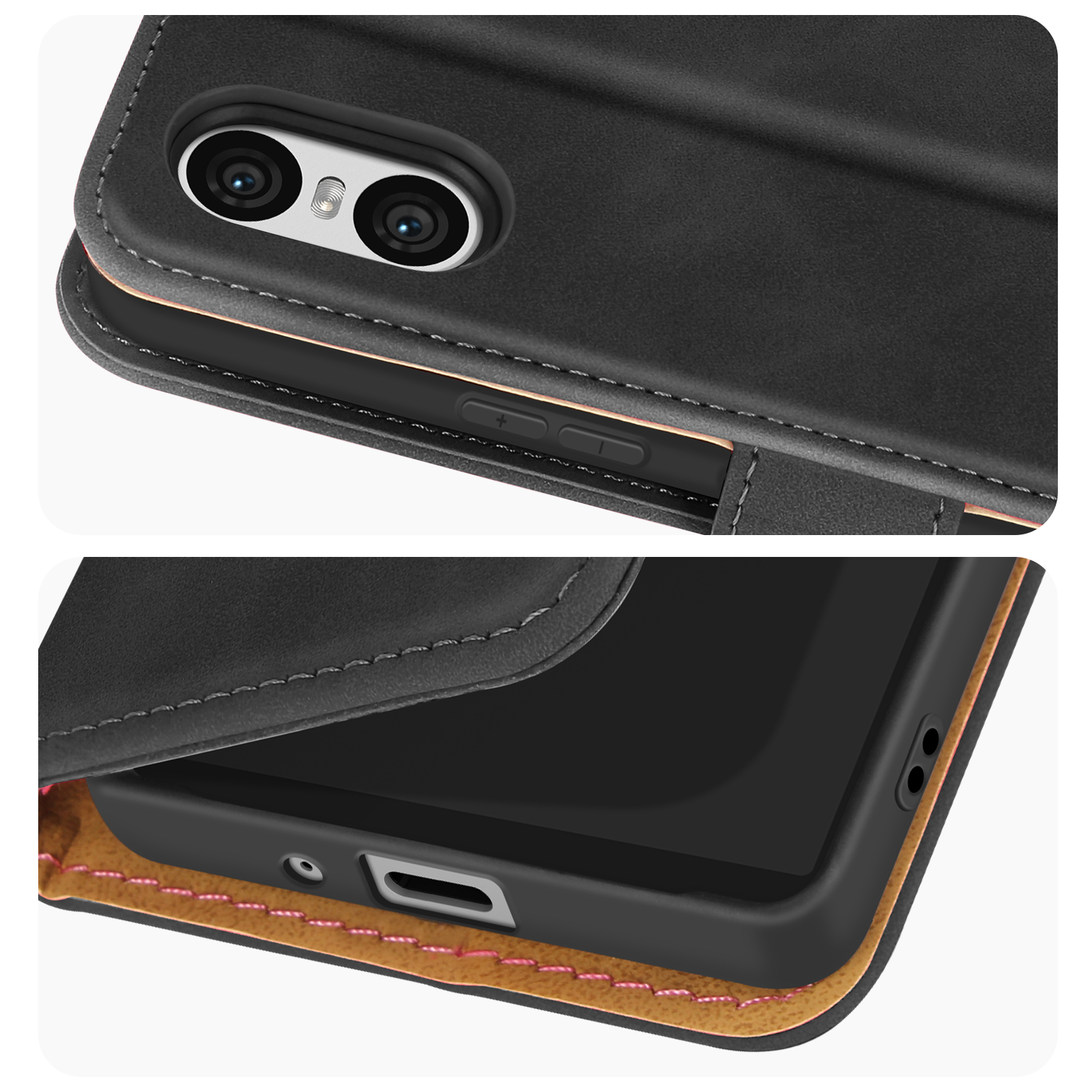 Primo piano di una custodia per telefono. Mostra un telefono con fotocamera e pulsanti, racchiuso in una cover nera.
