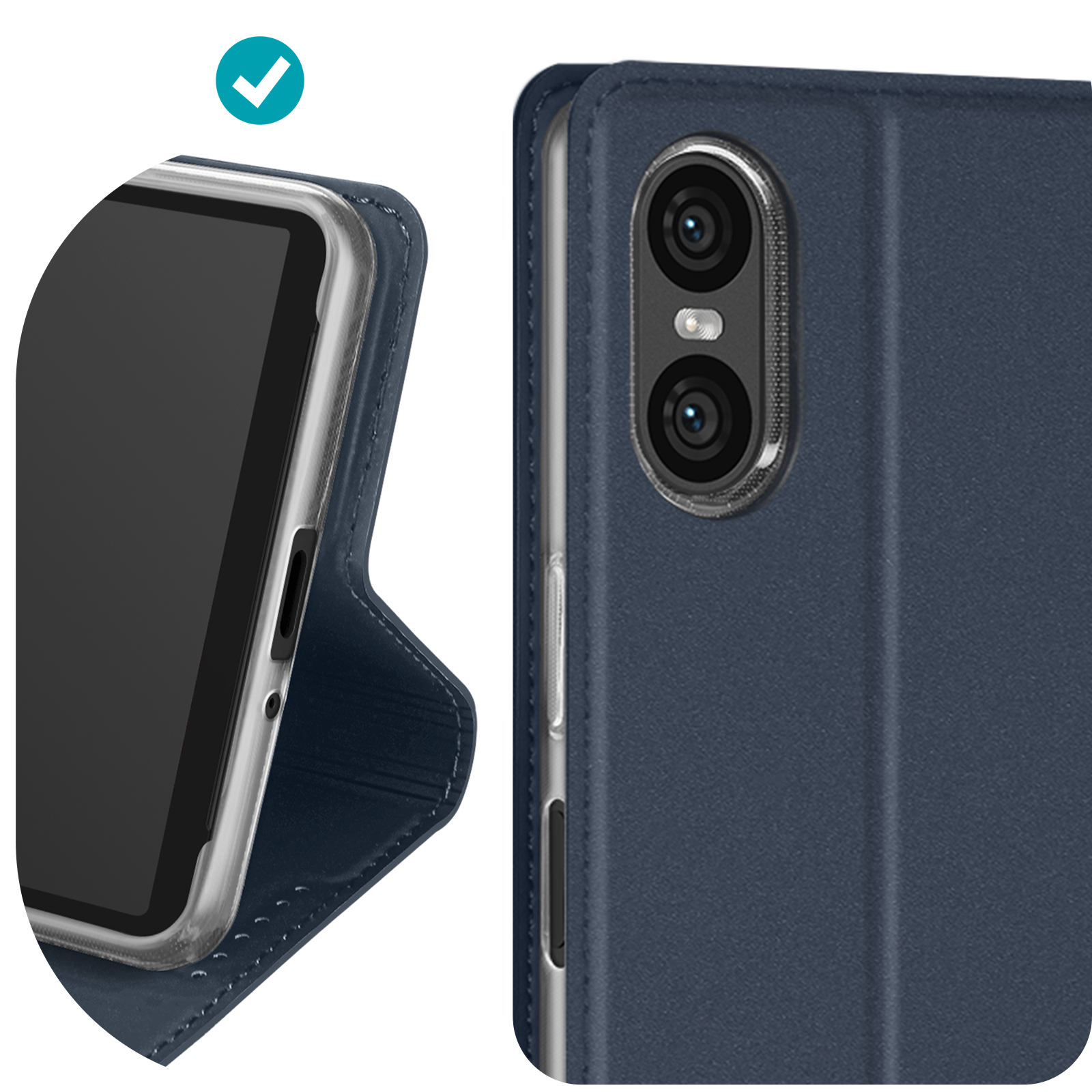 Gros plan sur un étui de téléphone bleu avec un téléphone et un appareil photo, montrant les détails.