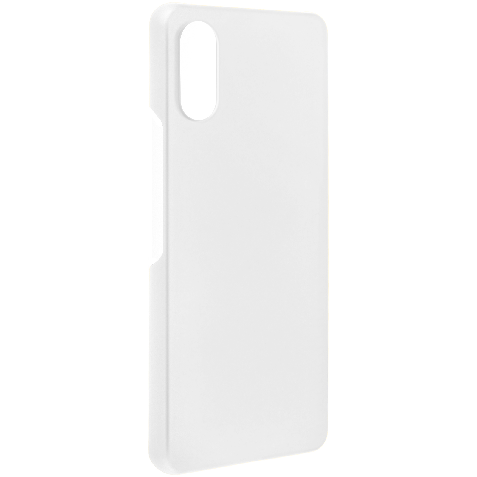 Una custodia bianca per telefono con un foro per la fotocamera in alto e un bordo curvo. Sfondo bianco.