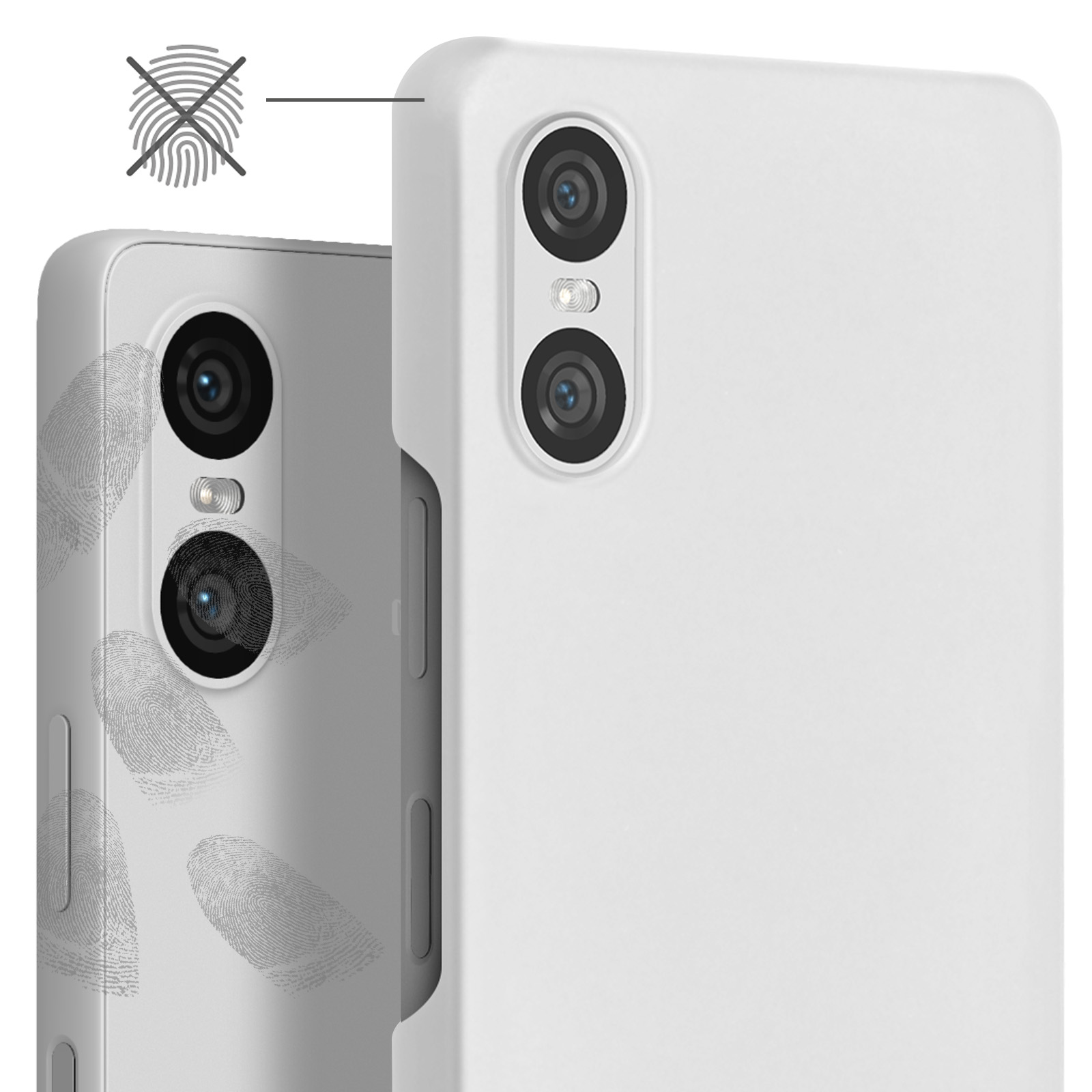 Due smartphone bianchi. Uno mostra impronte digitali, l'altro pulito, e un'icona 'senza impronte'.