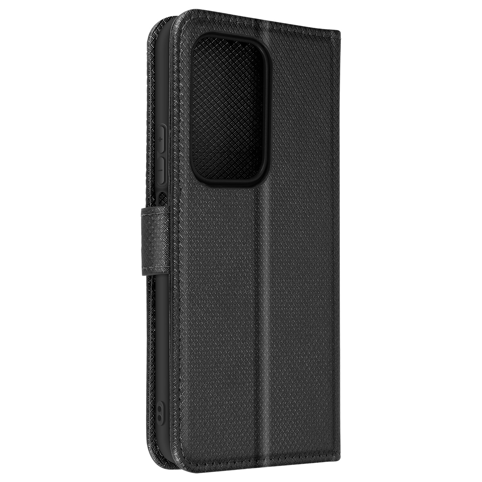 Custodia nera per telefono. È un design a portafoglio con chiusura magnetica.