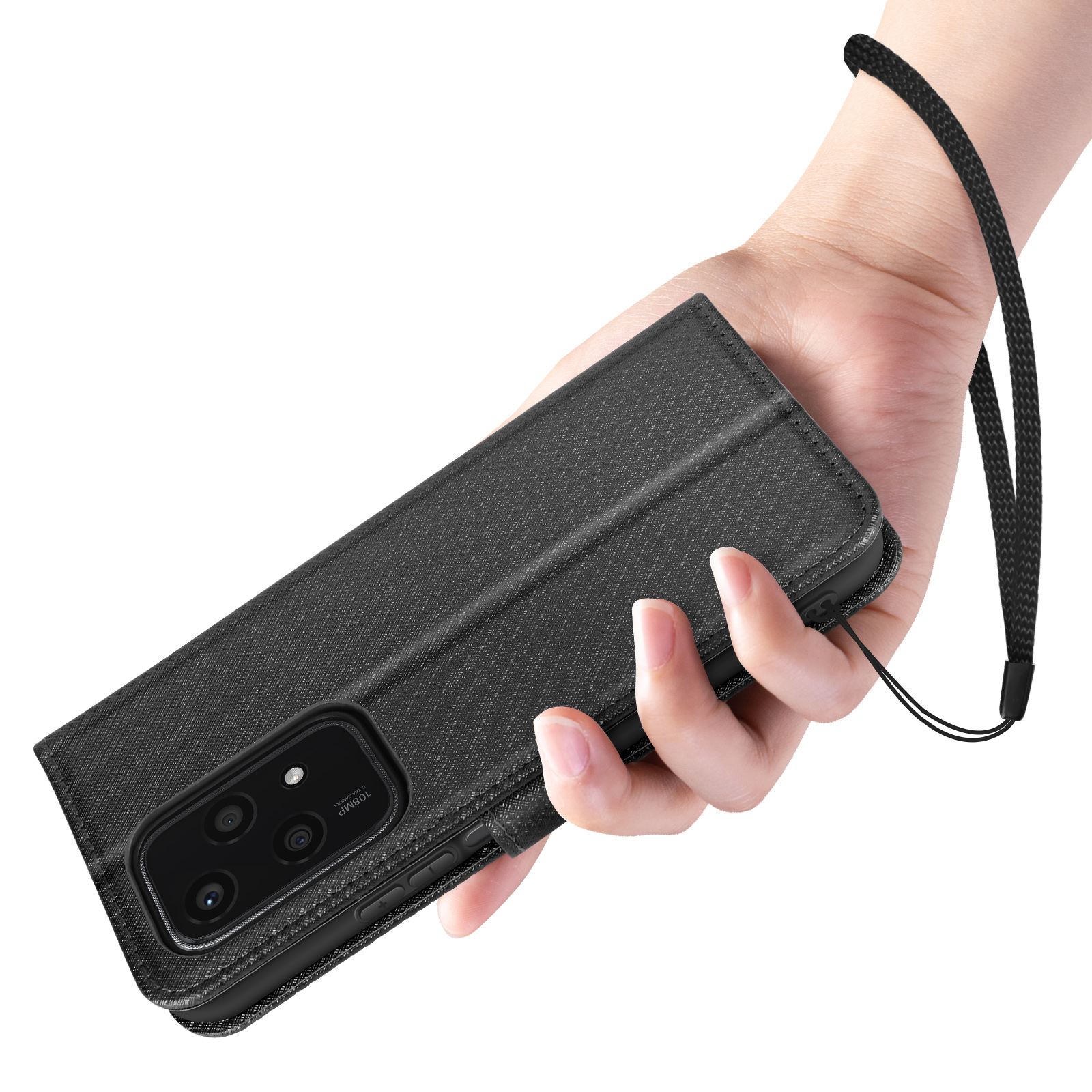 Una mano che tiene una custodia per telefono nera con un cinturino.