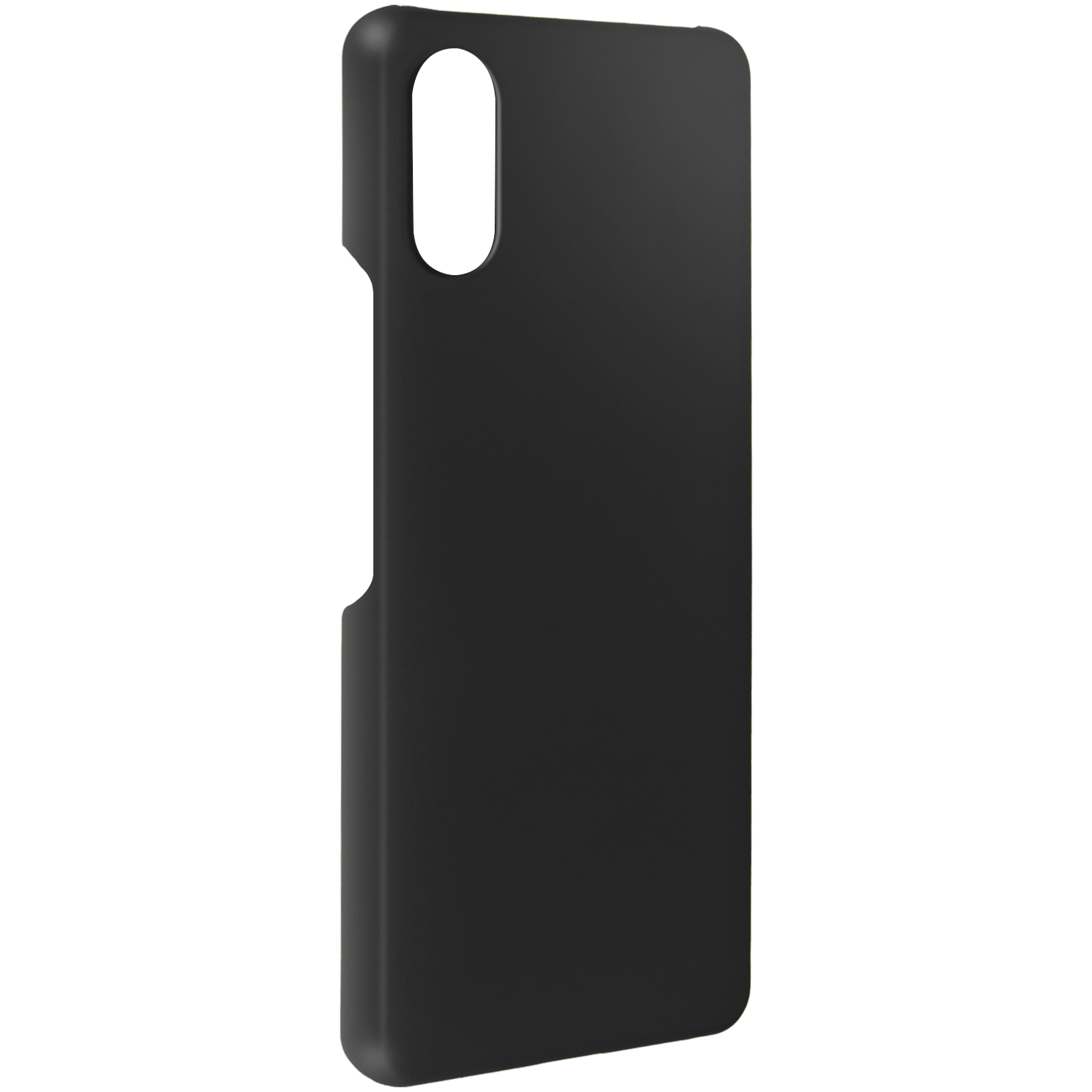 Una custodia per telefono nera. La custodia ha un ritaglio per la fotocamera e un foro per la porta di ricarica.