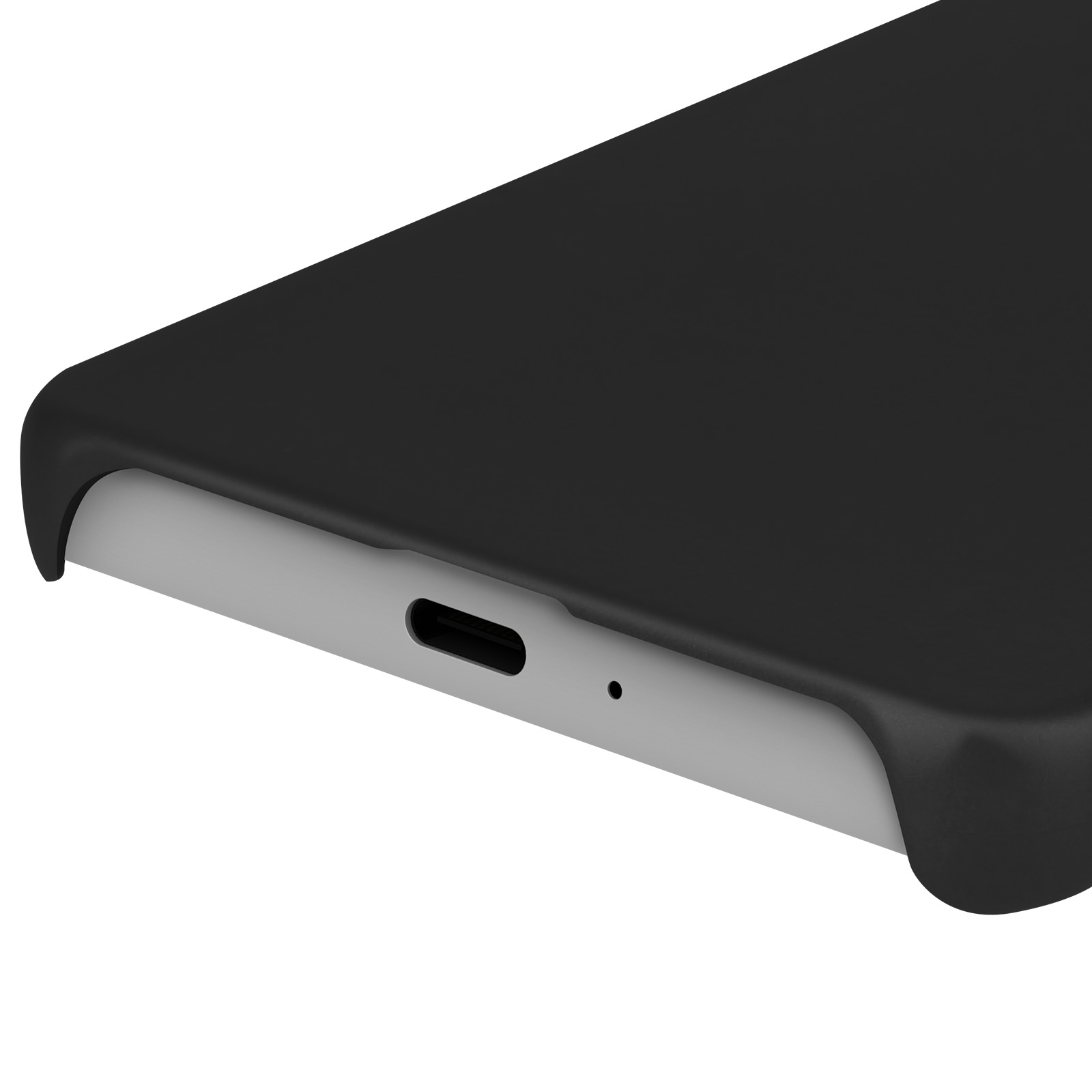 Custodia per telefono nera con porta USB-C. Il lato del telefono è visibile.