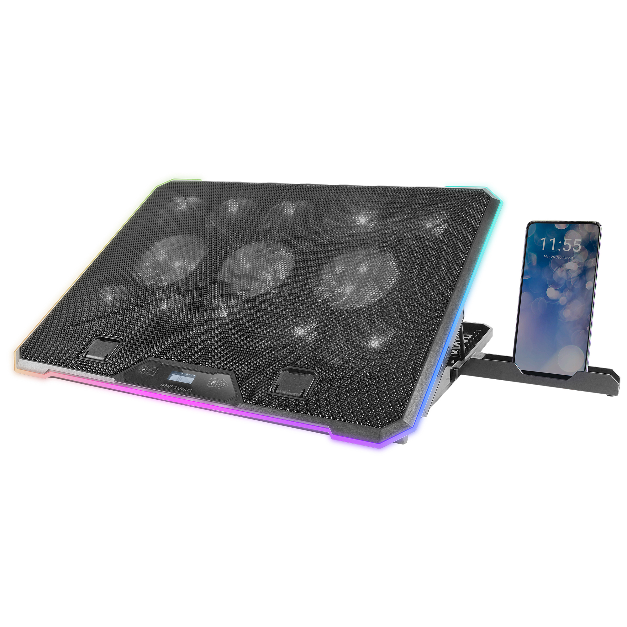 Base de refrigeración para portátil con ventiladores. Teléfono en soporte. Luces de colores.
