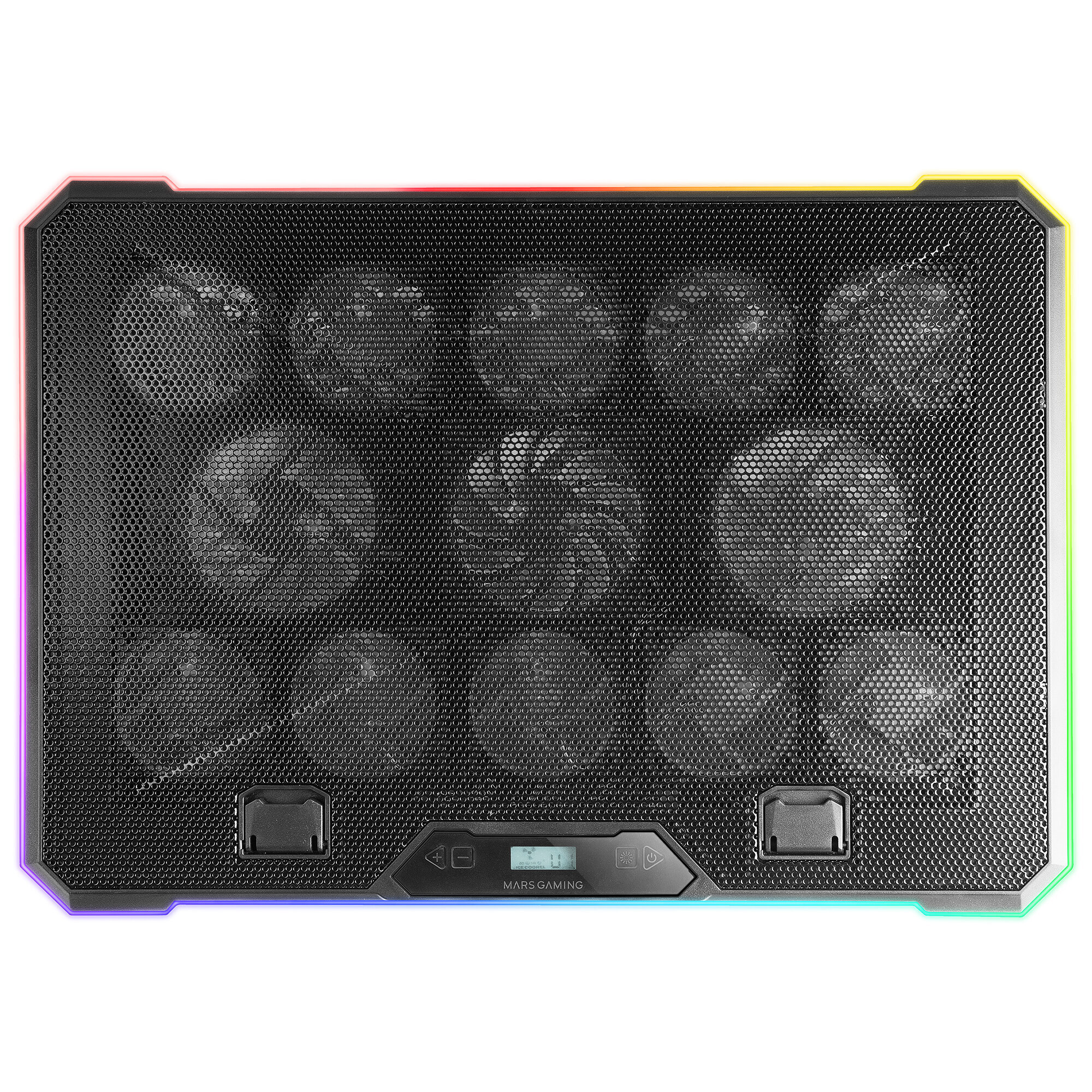 Enfriador para portátil con superficie de malla negra, luces LED en los bordes y panel de control central.