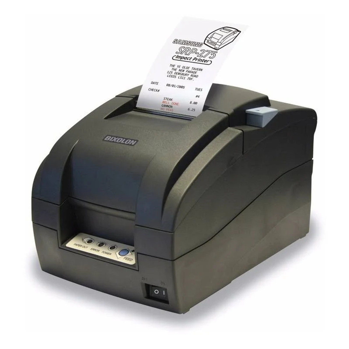 Impresora térmica Bixolon negra imprimiendo un recibo, con etiqueta Samsung SRP-275.