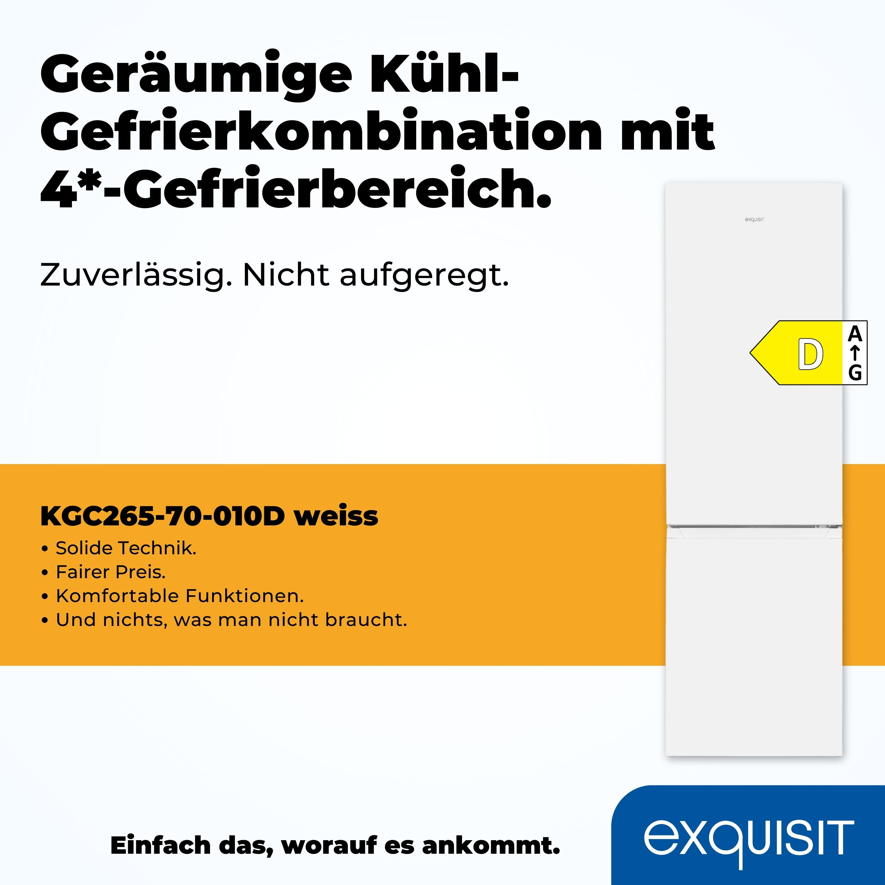 Weißer Kühlschrank mit Energielabel, orangefarbener Hintergrund mit Text: zuverlässig, nicht aufgeregt.