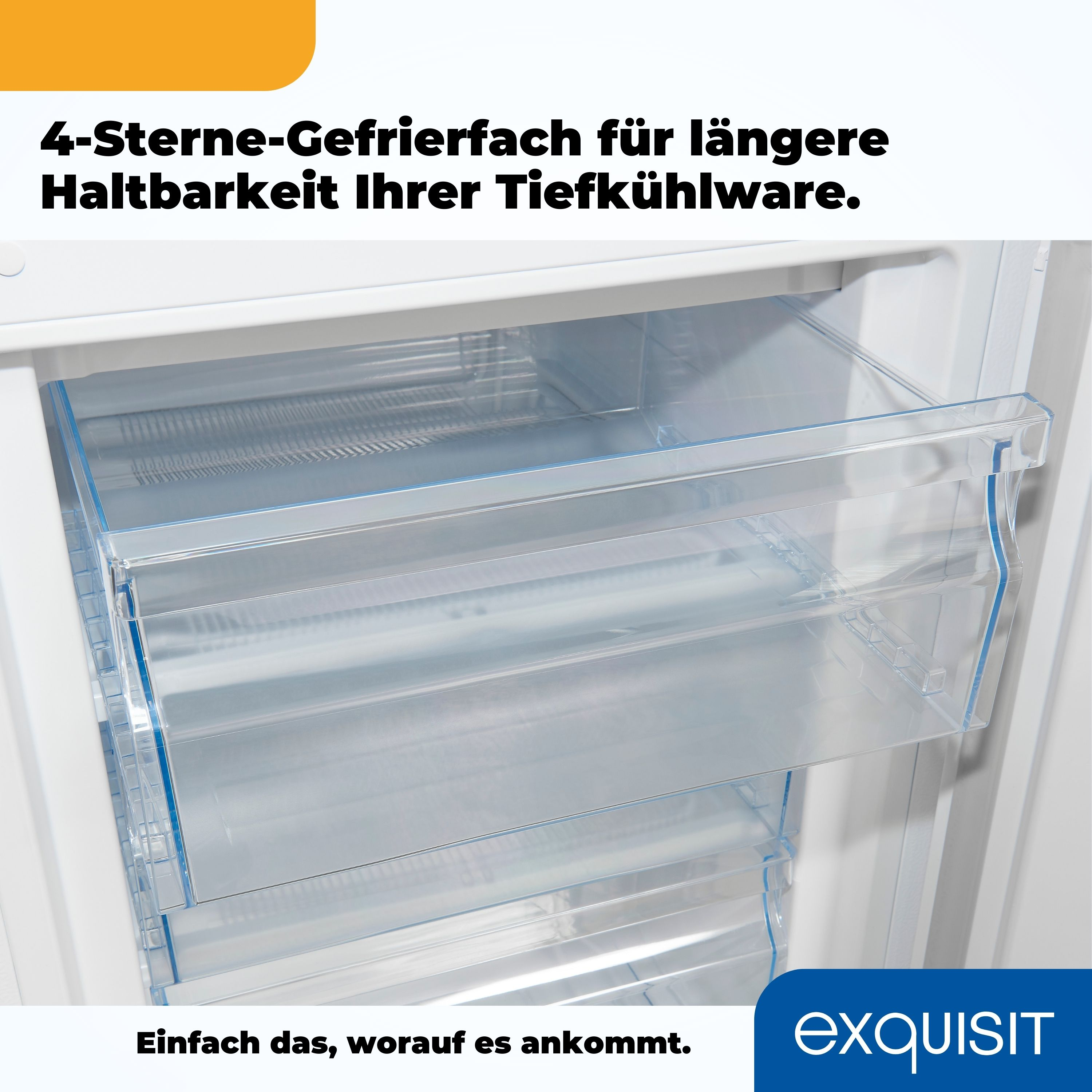 Gefrierschubladen mit Text: „4-Sterne-Gefrierfach für längere Haltbarkeit.“